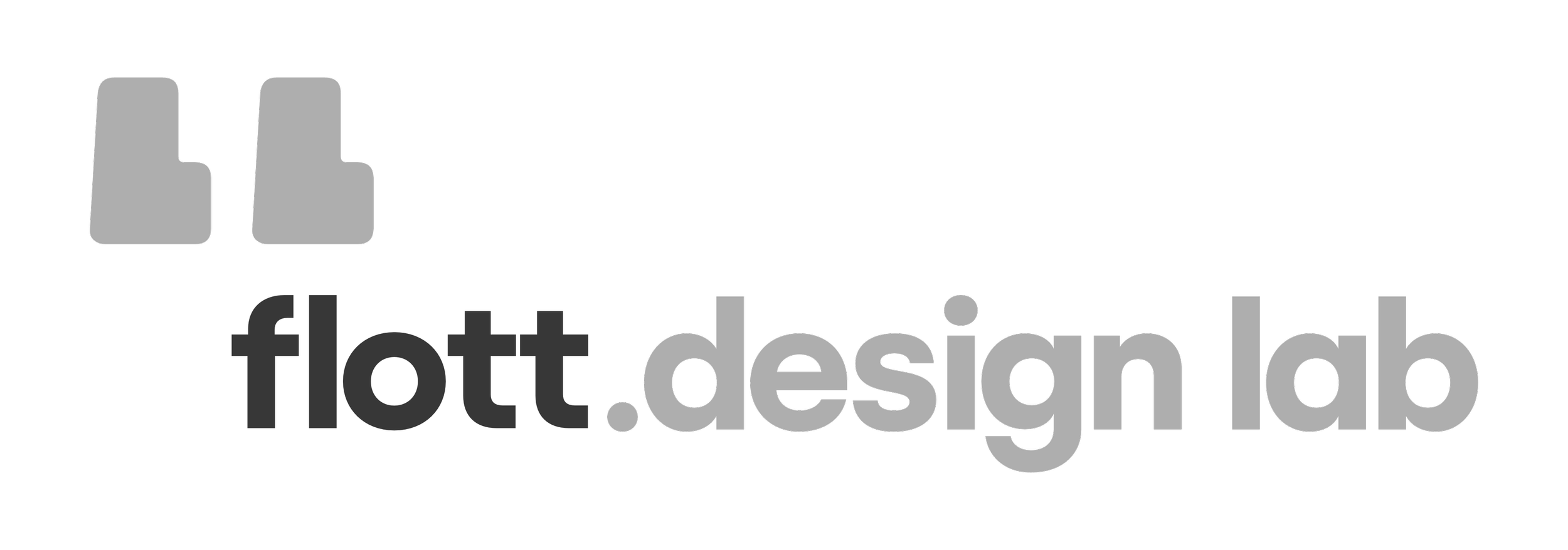 Logo mit schwarzen Hintergrund, grauen Anführungszeichen und Text 'flott.design lab' in Grau.