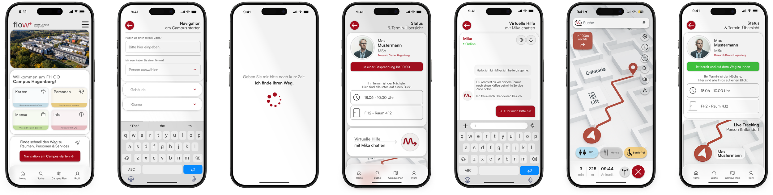 Flow / FH OÖ – MIKA ergonomische Begleit-App: sieben iPhone-Screens mit Campuskarte, Stundenplan, Chat und Indoor-Navigation