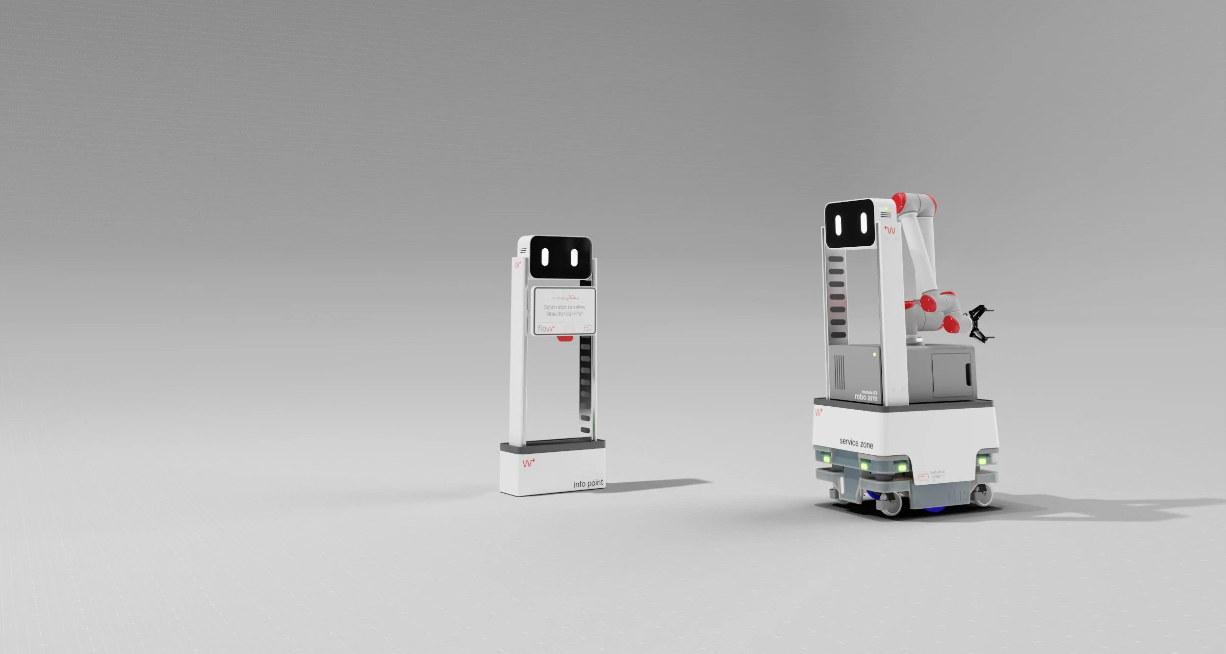 Zwei autonome Roboter in einem minimalistischen, weißen Raum, die für den Service und die Information in einem öffentlichen Bereich oder einer Einrichtung ausgelegt sind.