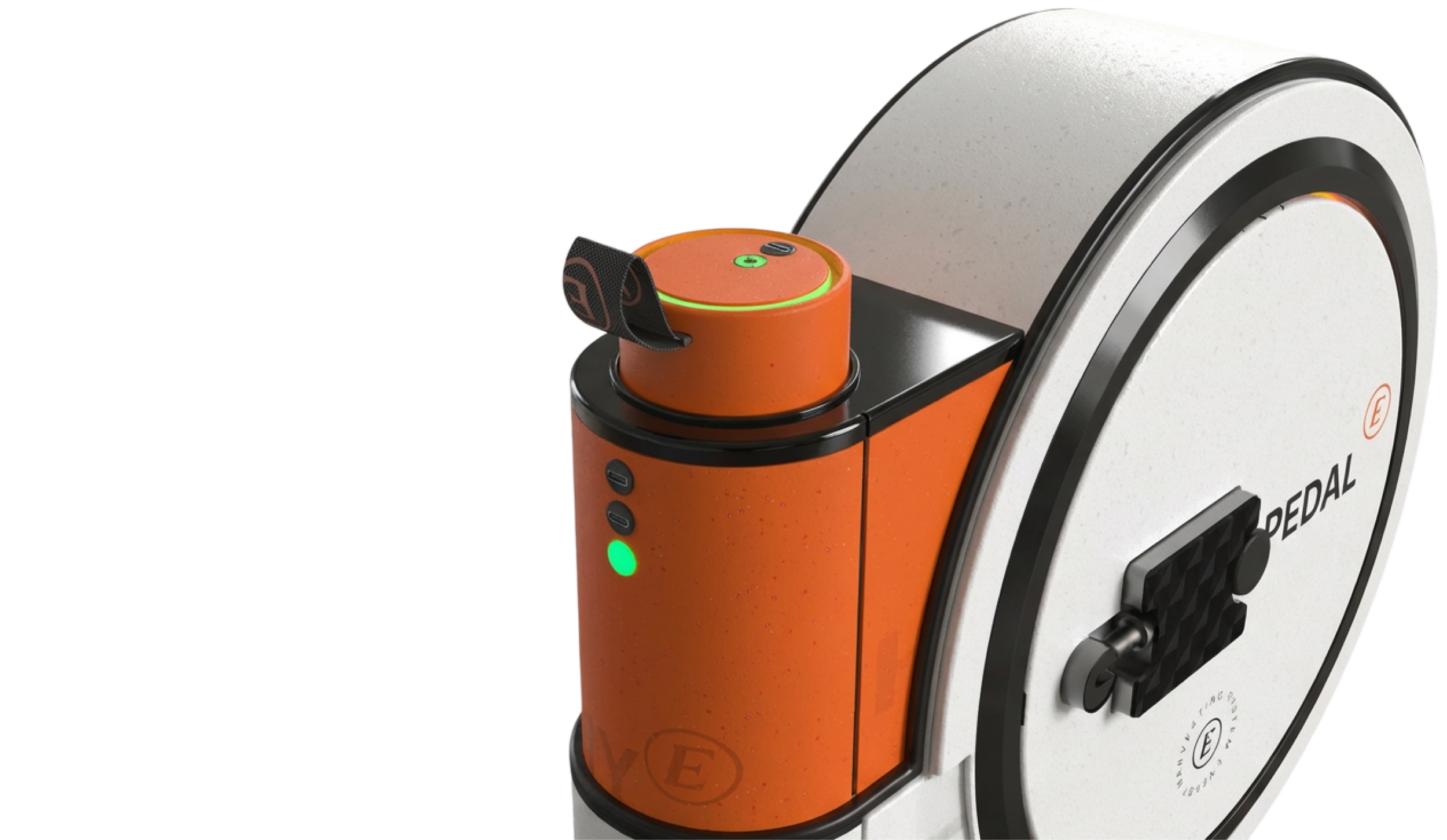 Ein Pedaltrainer der ein Akkupack aufladen kann durch die Tretkraft.
Minimalistisches und geradliniges Design.