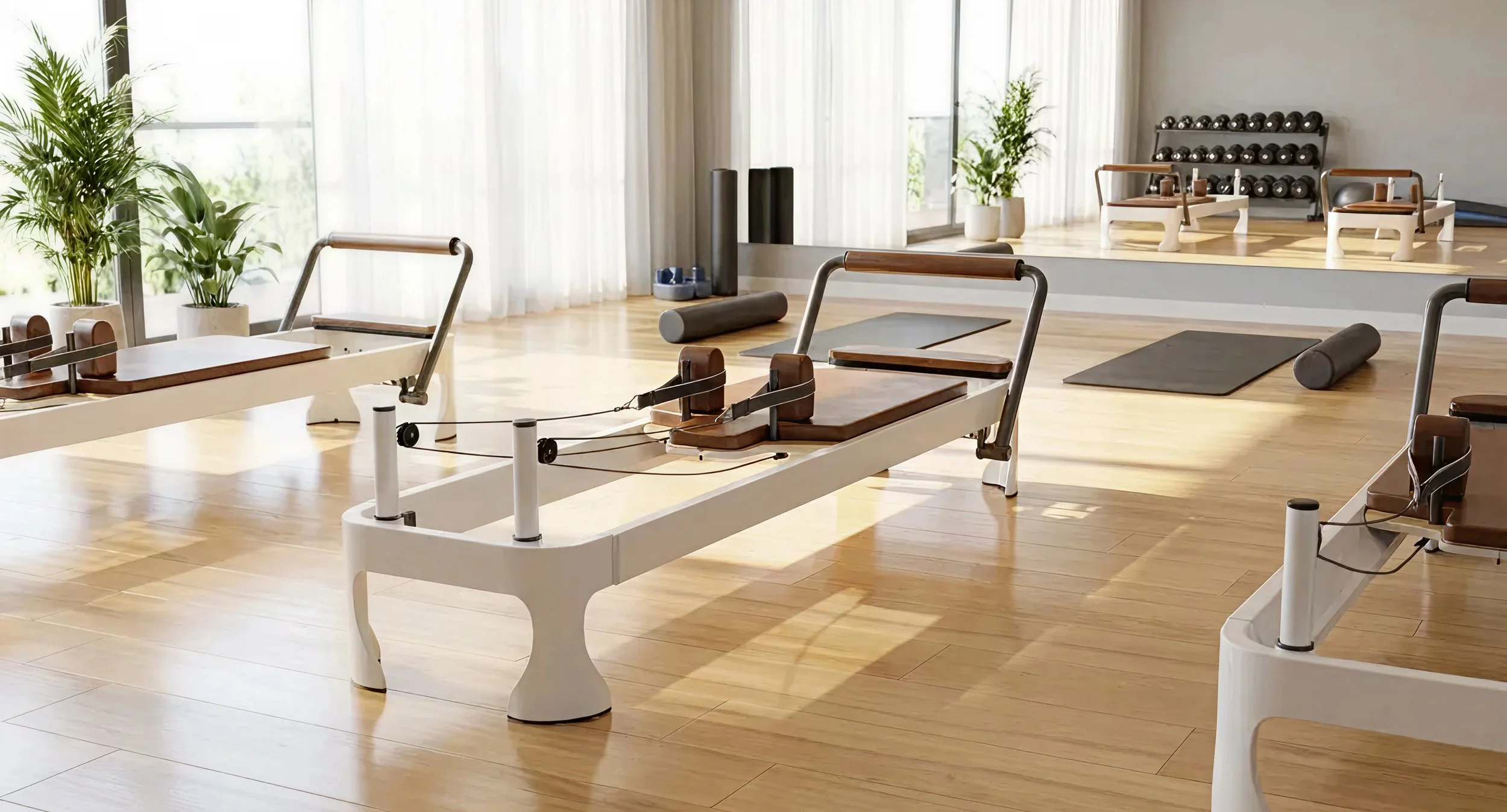 Nouera Fin – Pilates-Studio mit Reformer-Geräten und dem neu gestalteten Feelgood-Fin-Standfuss: helles Raumambiente mit Holzboden und Zimmerpflanzen