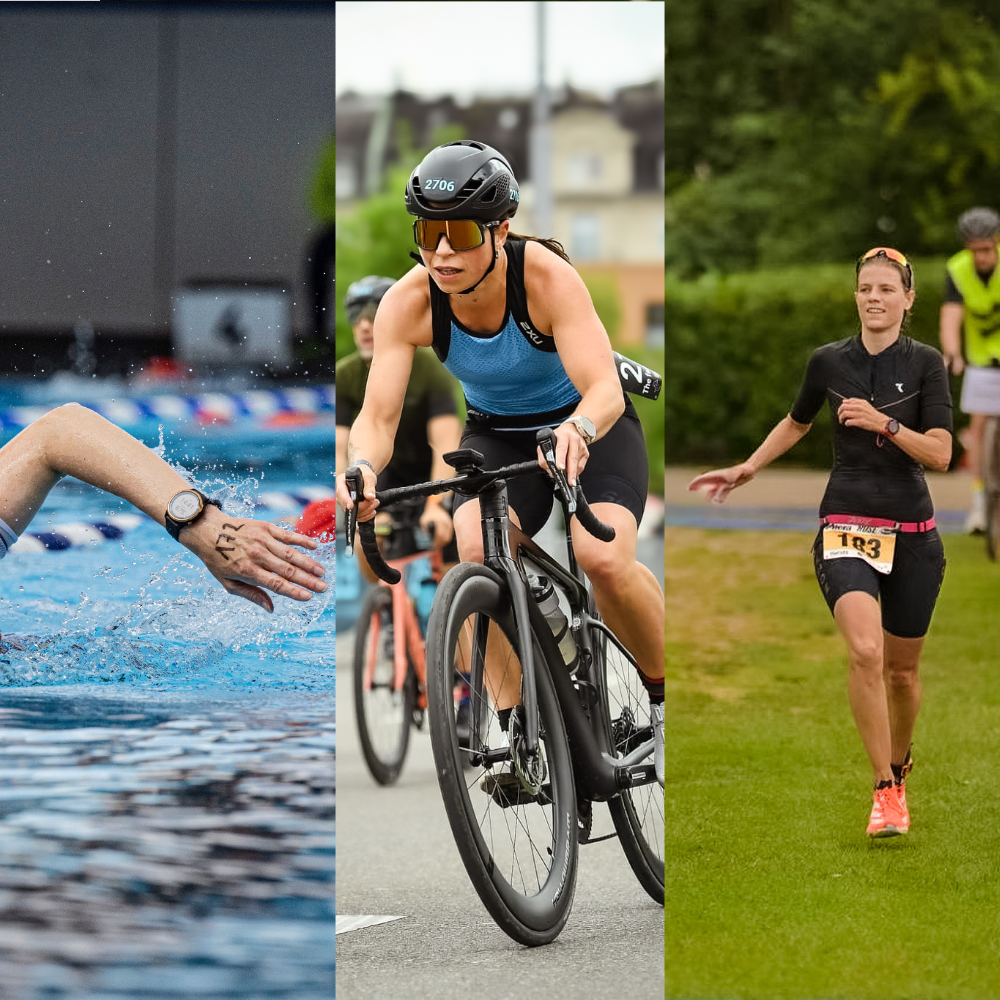 Ein Bild, das die drei Stadien eines Triathlons zeigt: Schwimmen, Radfahren und Laufen.