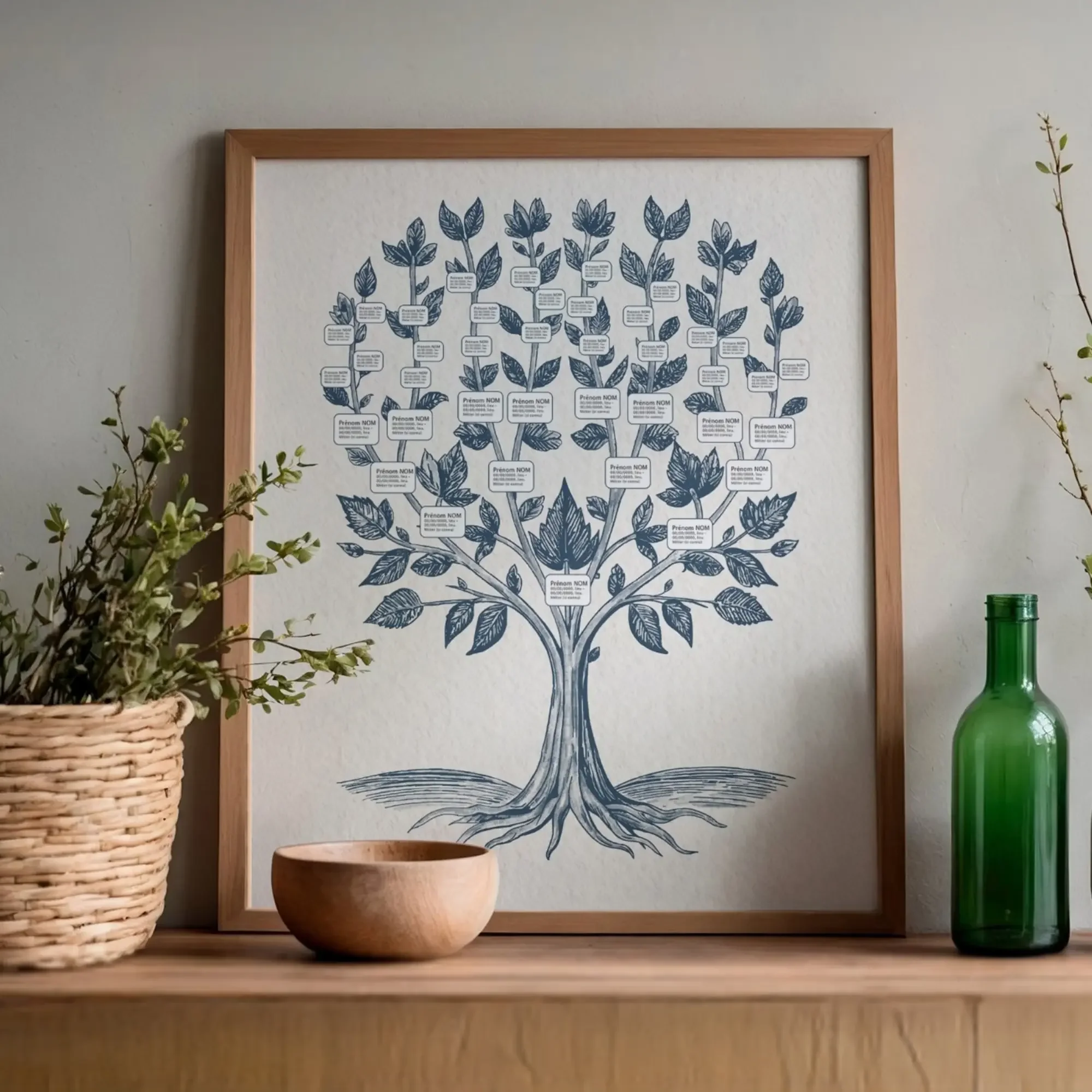 Arbre généalogique dessiné à la main sur tablette, sur 6 générations ascendantes