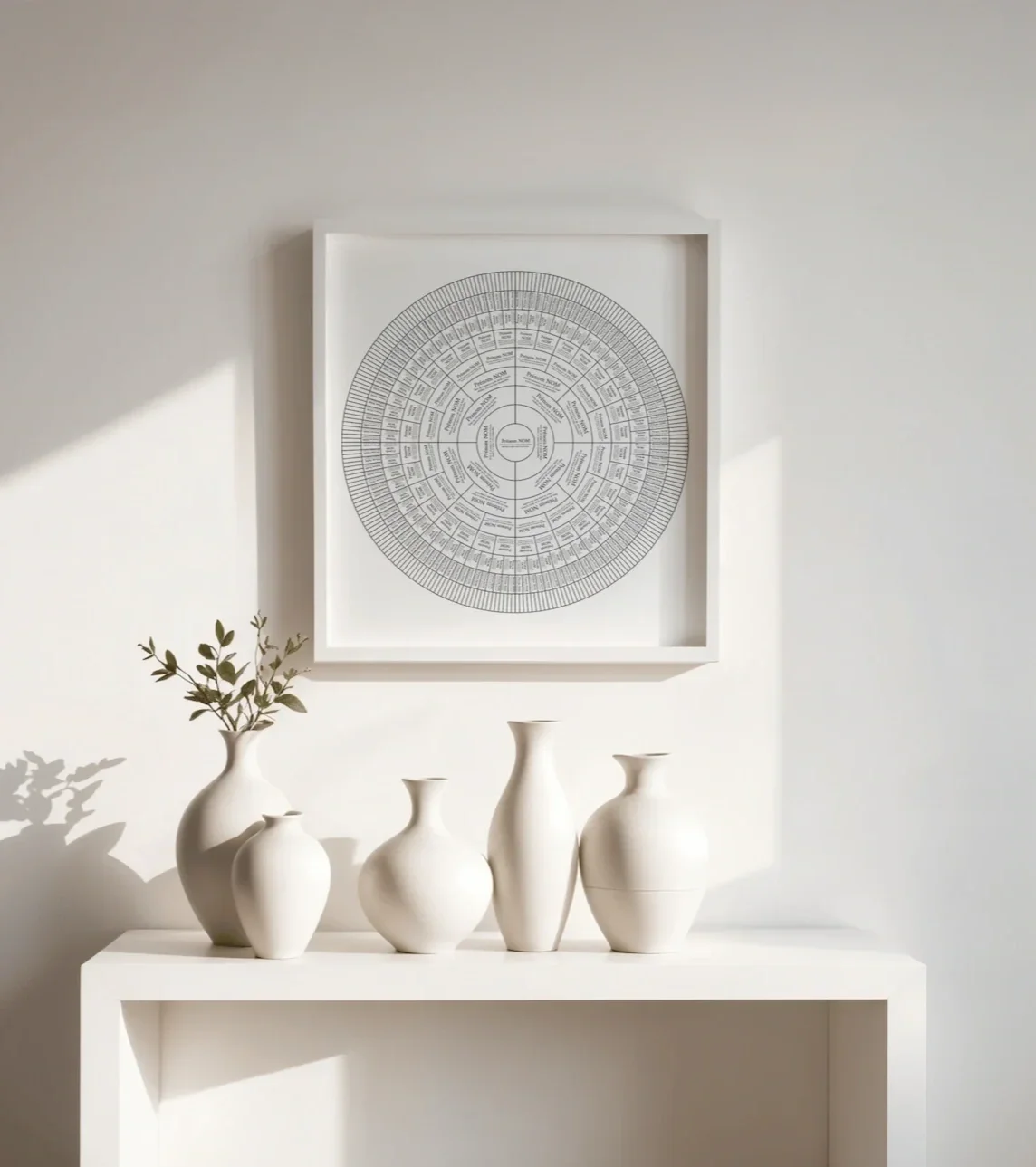 Arbre généalogique circulaire de 9 générations et imprimé en coloris blanc, encadré en format rectangulaire. Au dessus d'une étagère avec des vases blanc.