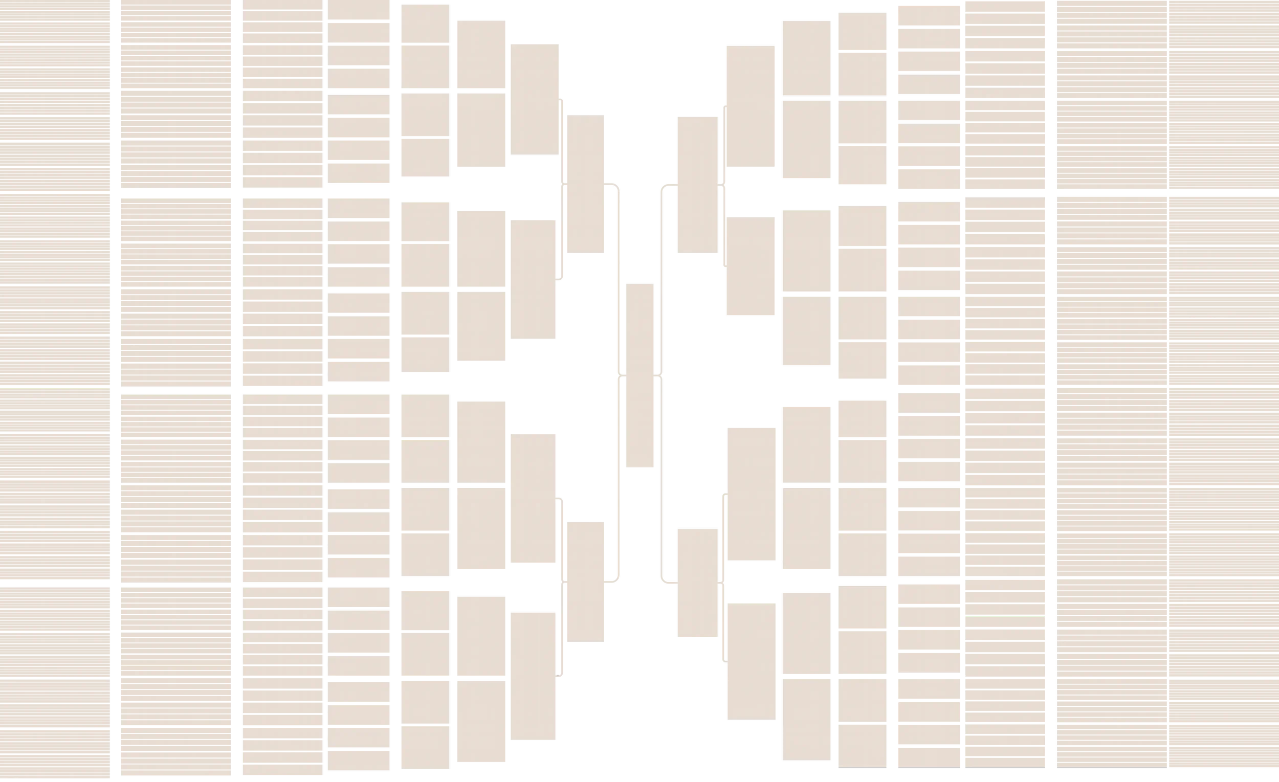 Arbre généalogique de 9 générations moderne, style graphique et symétriques prévu pour être vue horizontalement.
