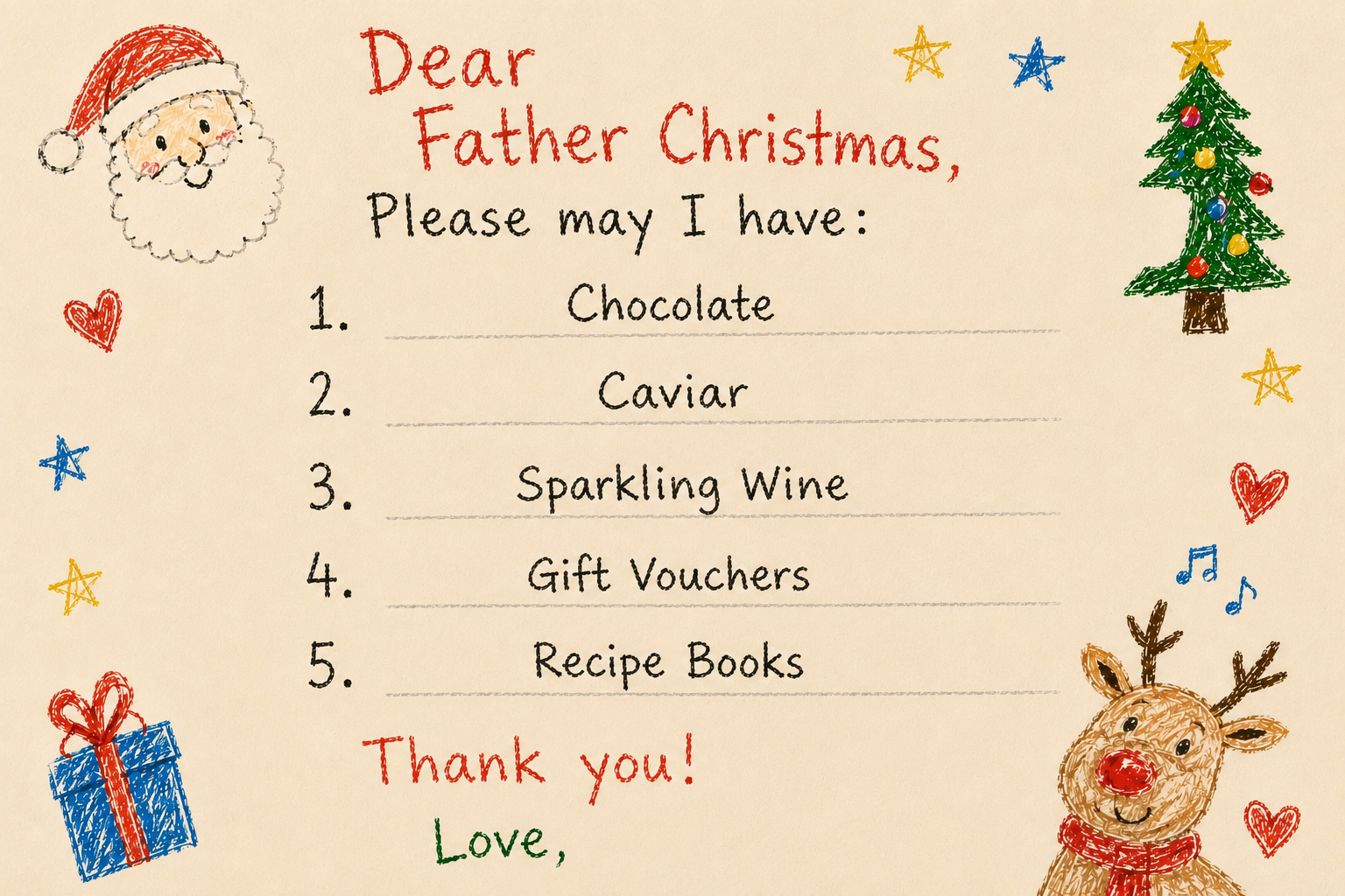 Dear Father Christmas wishlist featuring Chocolate, Caviar, Sparkling Wine, Gift Vouchers and Recipe Books