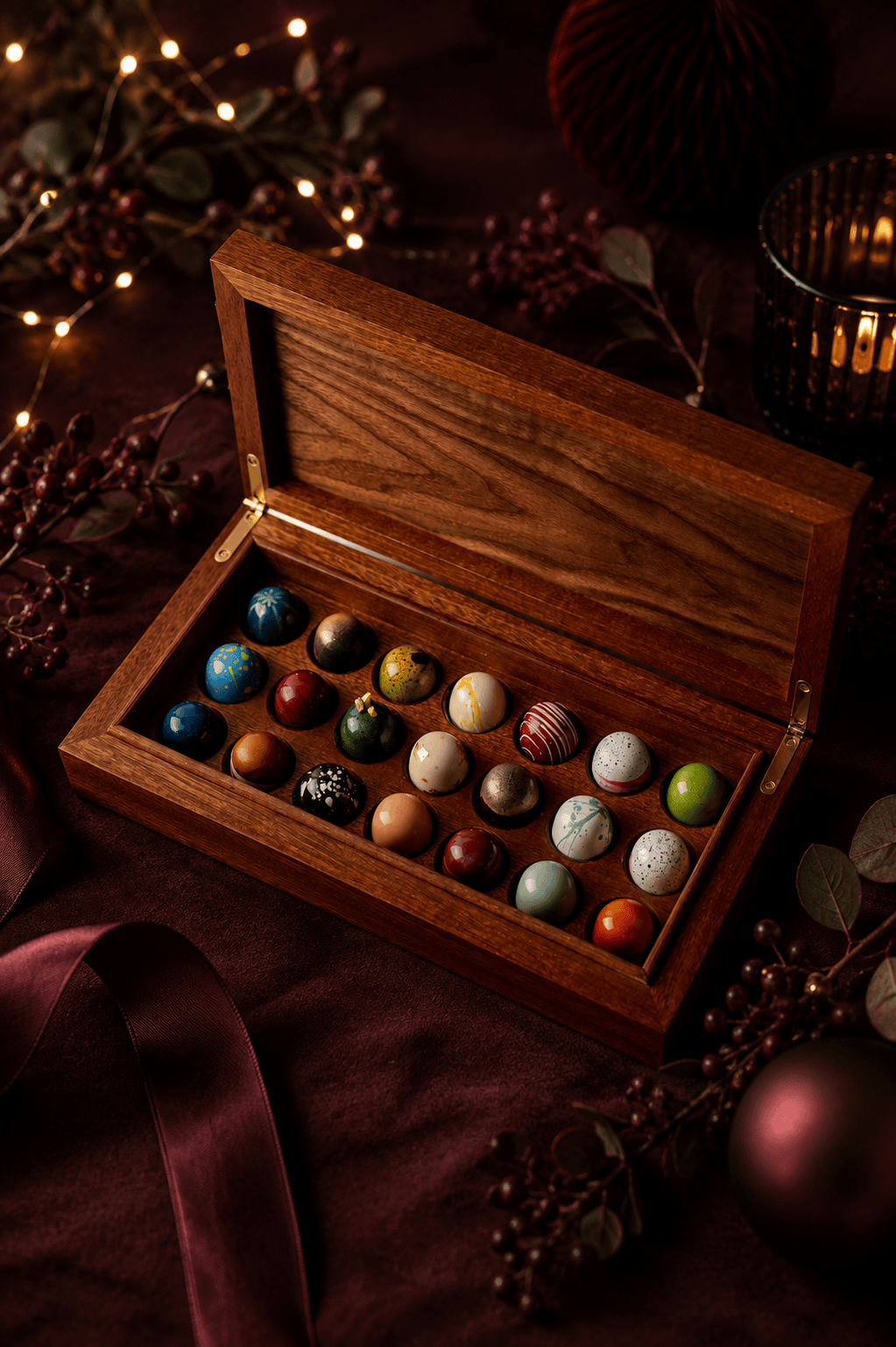 Handcrafted wooden chocolate box - 21 hand painted chocolates - COLLECTION ONLY