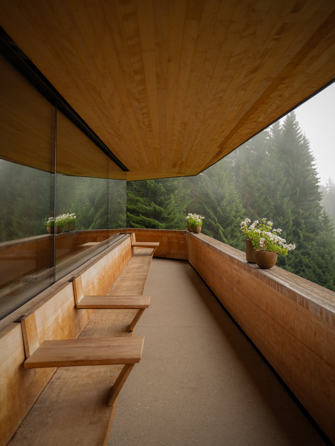 Wooden balcony with built-in seating, potted white flowers, overlooking a foggy forest.