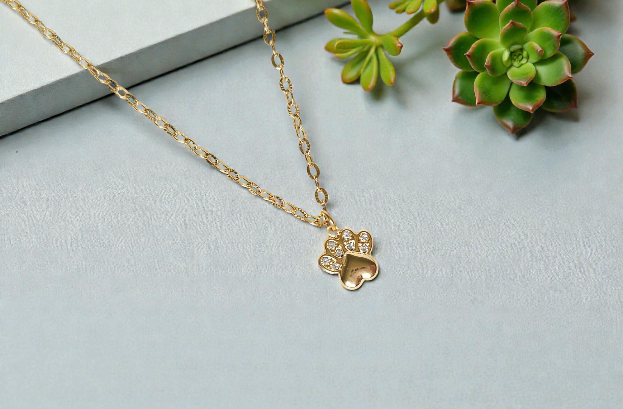 Collier empreinte de chat strass - Acier inoxydable doré