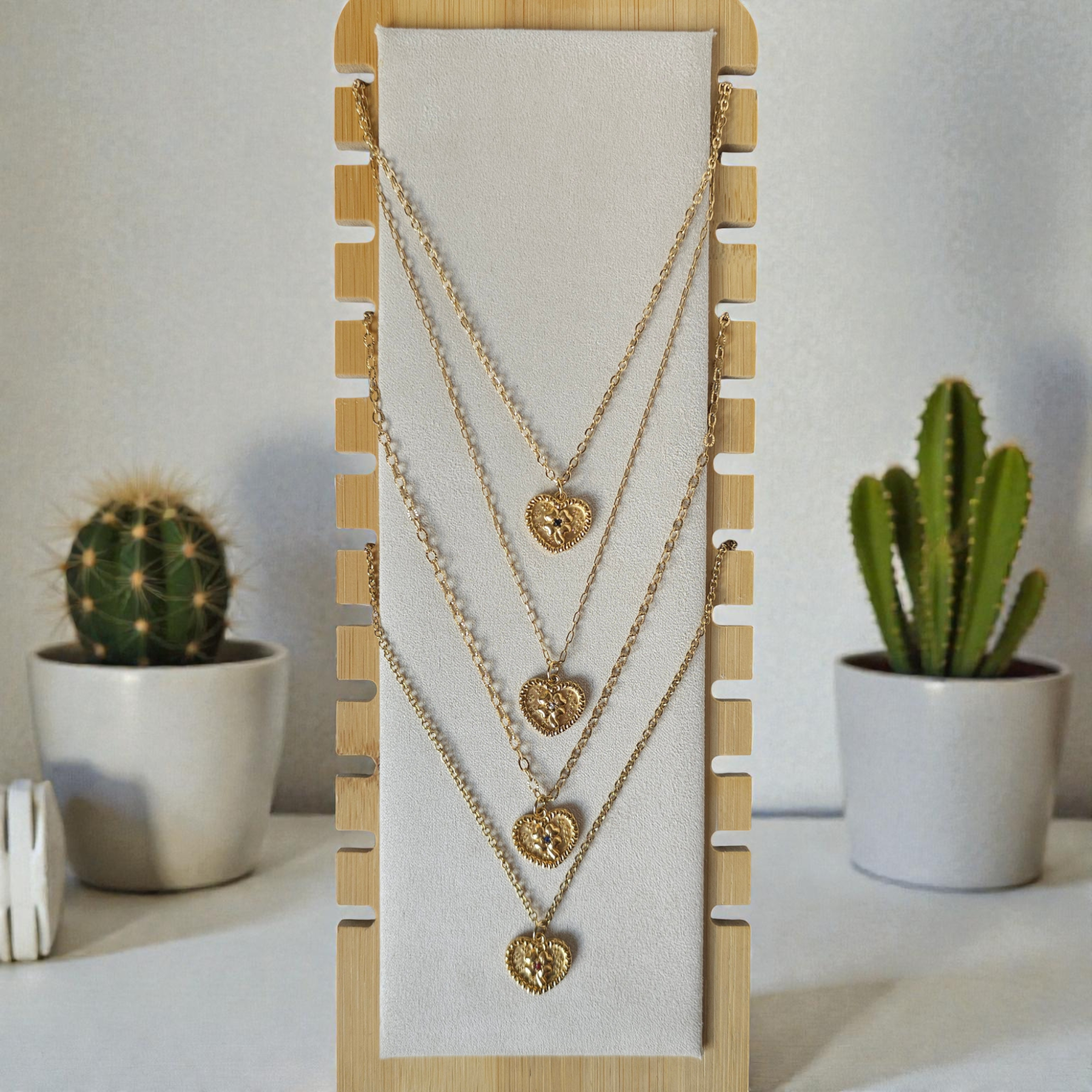 Collier coeur & trèfle + strass - Acier inoxydable doré