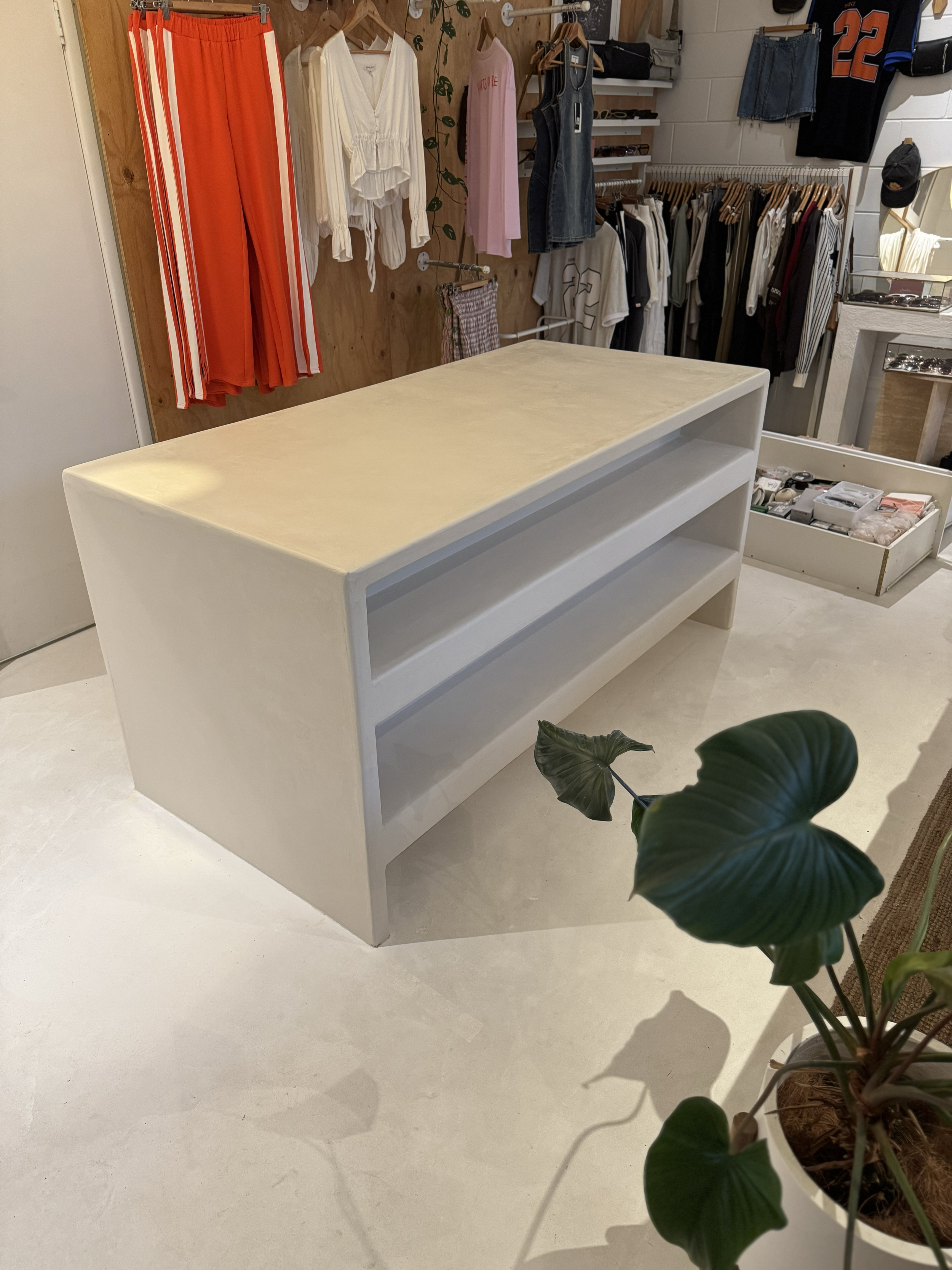 Empty white shelving unit in a clothing store with various clothes hanging on the wall behind and a plant with large green leaves in the foreground.