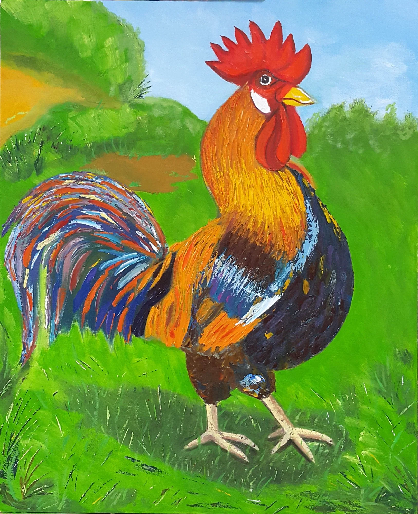 Colorful Rooster.2017.Oil on canvas.56cm×45cm