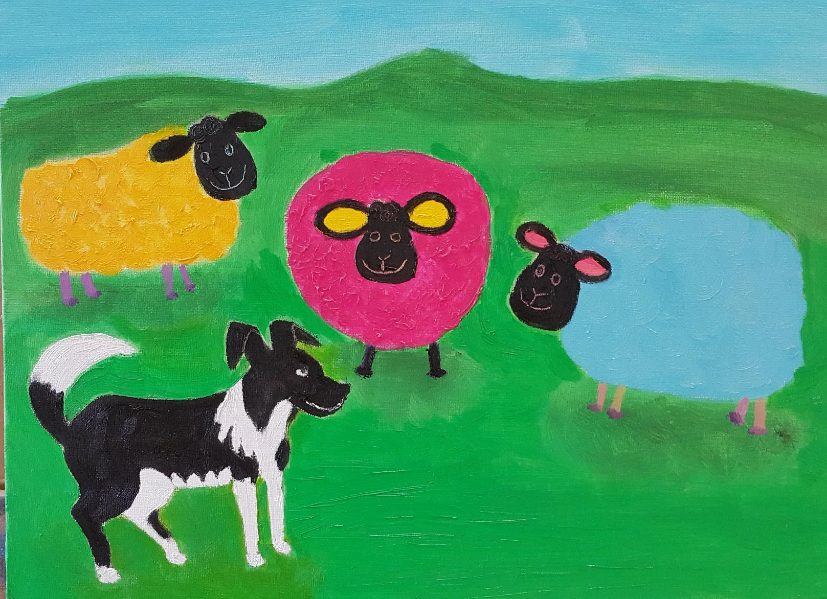 Three sheeps and a border collie.2015.Oil on Canvas Panel.40cm×30cm