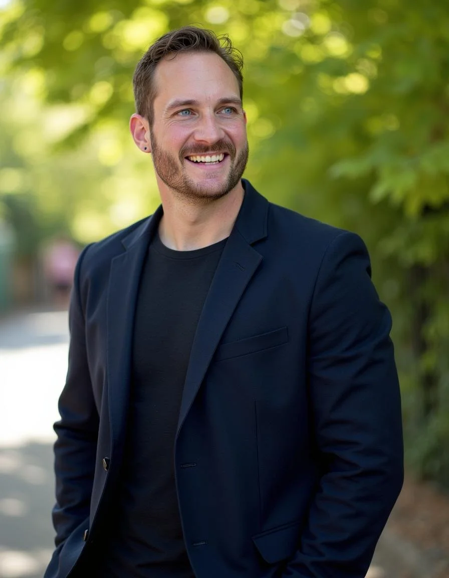 A smiling young man with short brown hair, blue eyes, and a beard, wearing a black blazer and black T-shirt, standing outdoors surrounded by green trees.