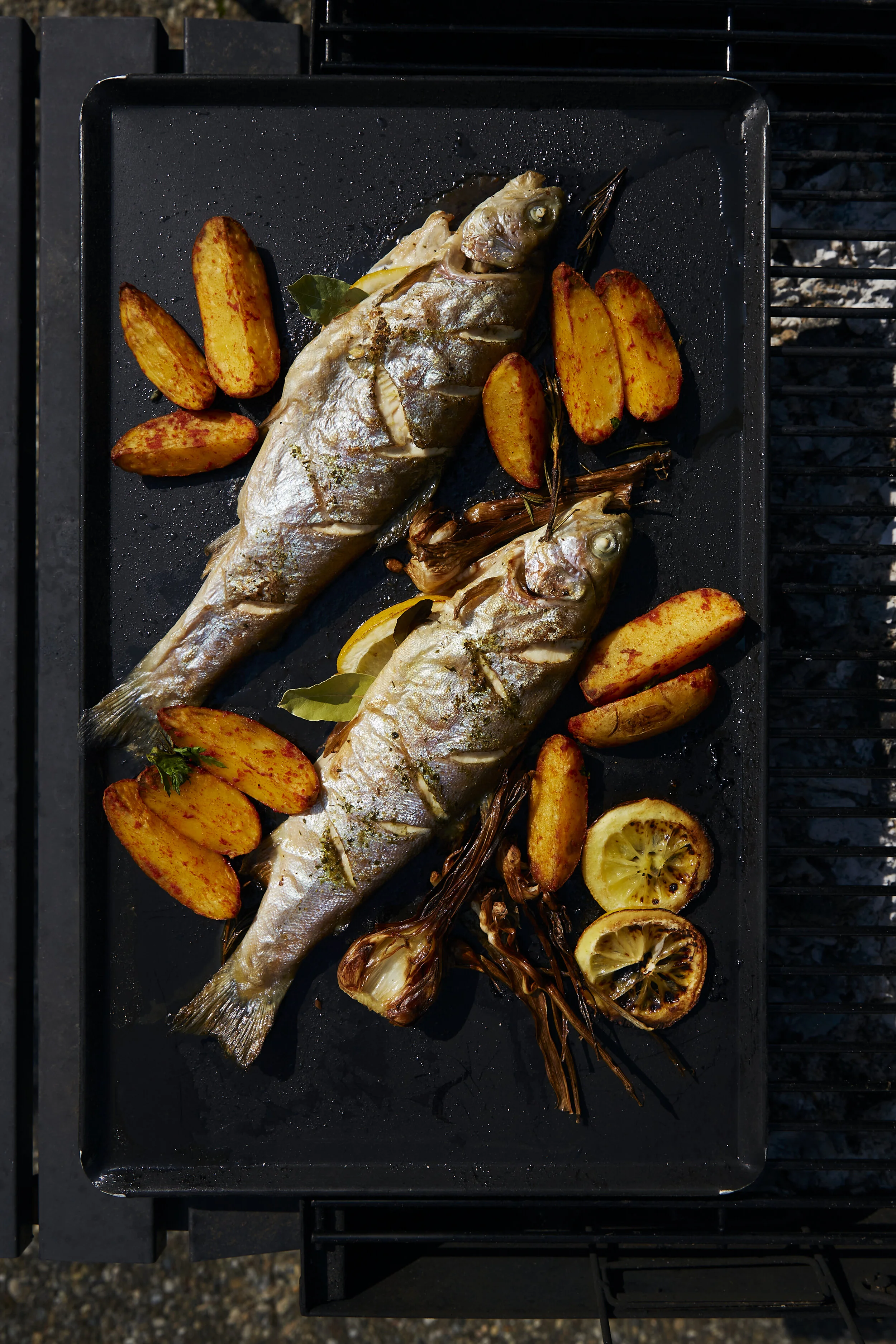 Gegrillte Fische auf einem Grill mit Kartoffelhälften, Zitronenscheiben und Kräutern.