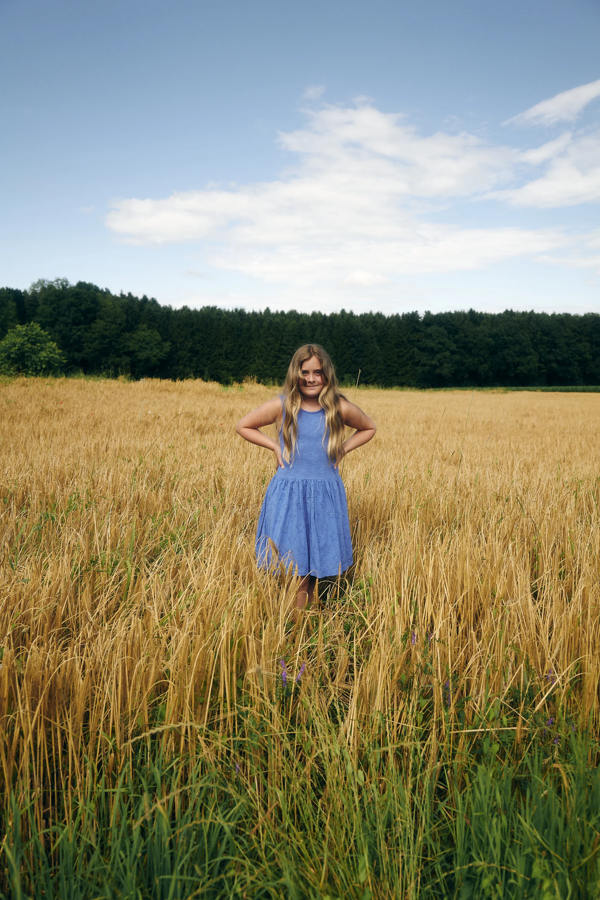 Mädchen in einem blauen Kleid steht auf einem Feld voller hohem Gras vor einem Wald im Hintergrund.