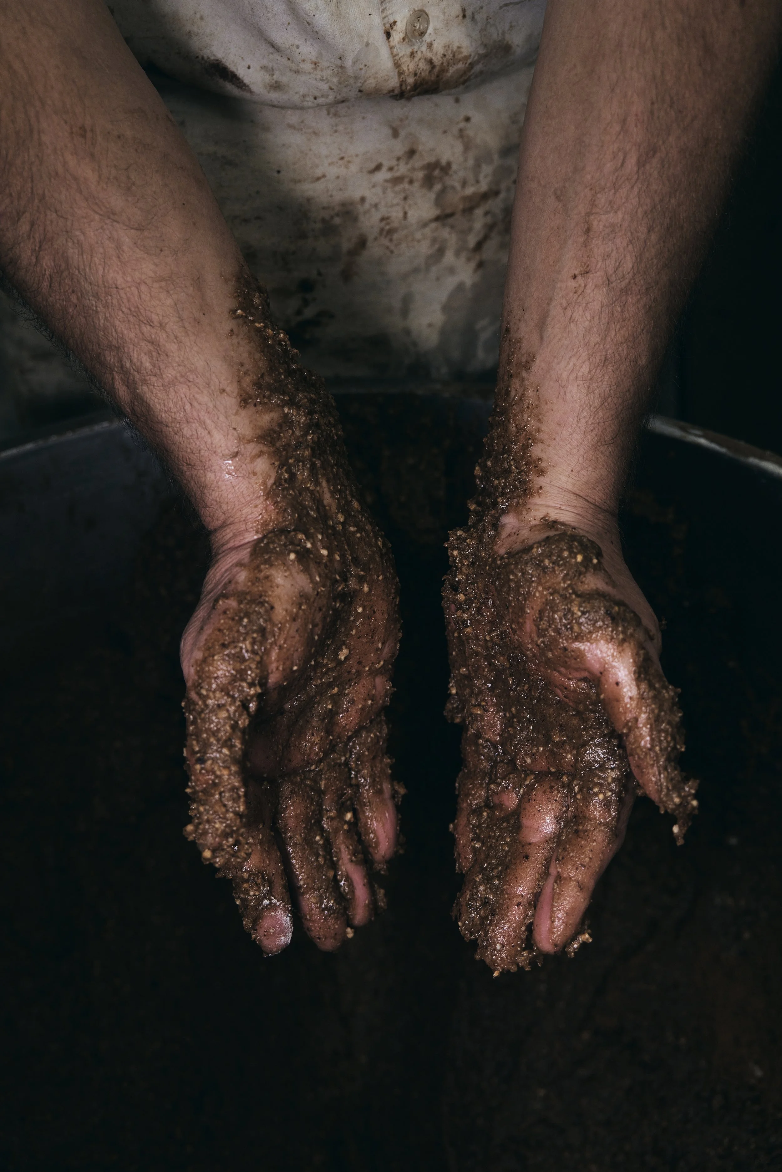 Zwei Hände mit nasser, erdiger Substanz bedeckt, dunkler Hintergrund.