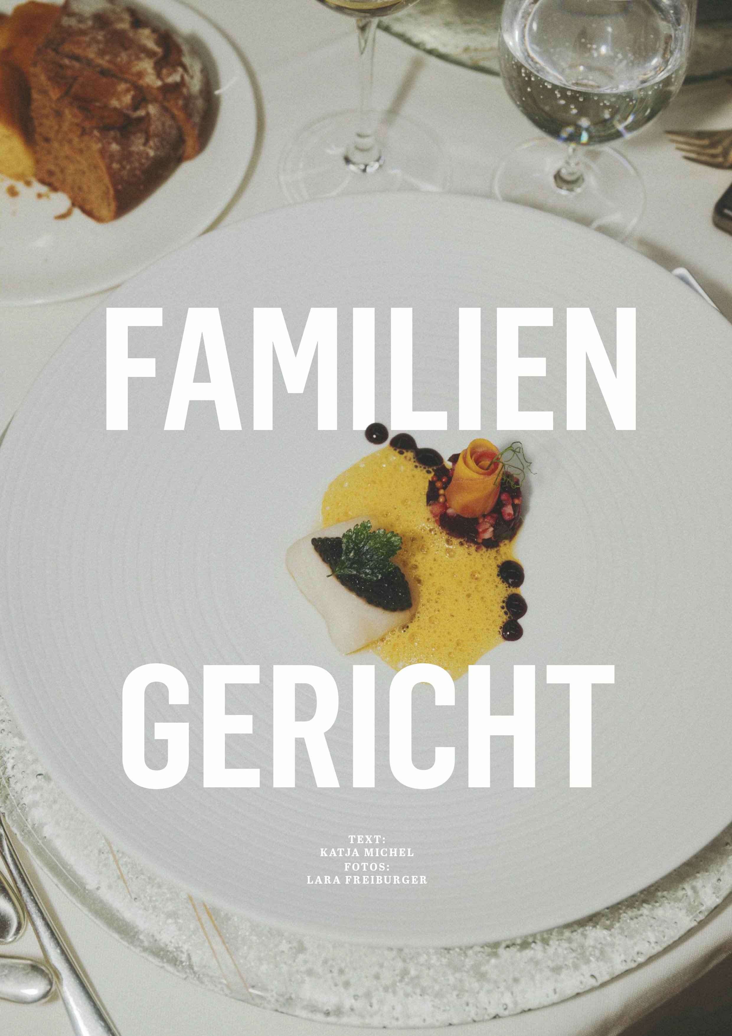 Ein Teller mit einem eleganten Gericht auf weißem Teller, dekoriert mit Soße und einem essbaren Garnitur. Im Hintergrund ein Glas Wasser und ein Glas Wein sowie ein Teller mit Brot. Große Buchstaben mit dem Text 'FAMILIEN GERICHT' überlagern das Bild