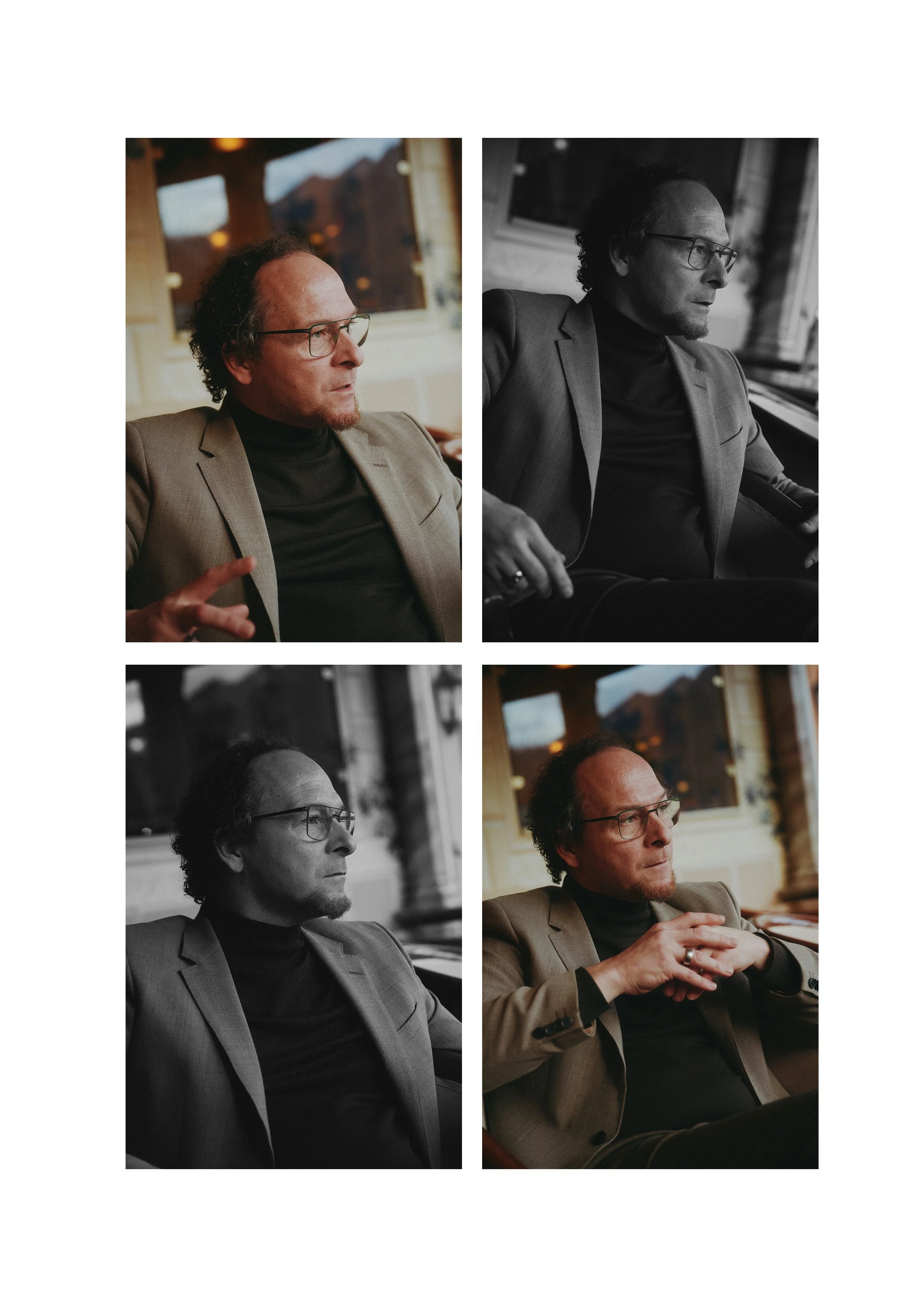 Vier Fotos eines Mannes in einem Anzug, der in verschiedenen Posen sitzt, einige in Farbe und einige in Schwarzweiß.