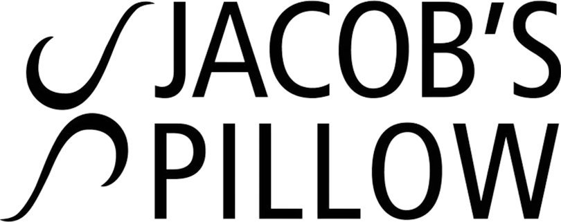 The image features the text "Jacob's Pillow" in black with a stylized swirl design above part of the text on a black background.