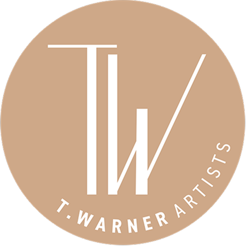 Logo for T. Warner Artists featuring large stylized initials T and W with the full name circling underneath on a beige background.