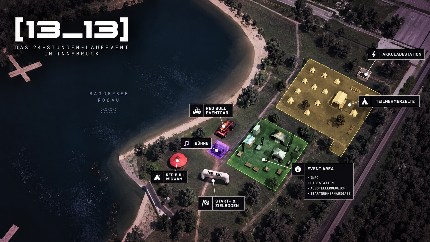 Lageplan des 13_13 Eventgeländes am Baggersee Rossau mit Event Area, Start- und Zielbogen, Bühne, Red Bull Wigwam, Red Bull Eventcar, Zeltfläche und Akkuladestation