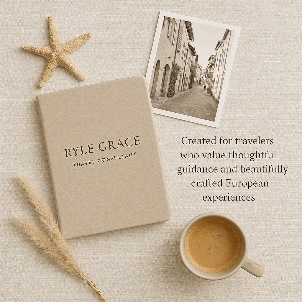 A beige travel planner book titled 'Ryley Grace Travel Consultant' on a light-colored surface, next to a black-and-white photograph of a European street, a starfish, a cup of coffee, and a sprig of dried grass. The image includes text promoting thoughtful European travel experiences.