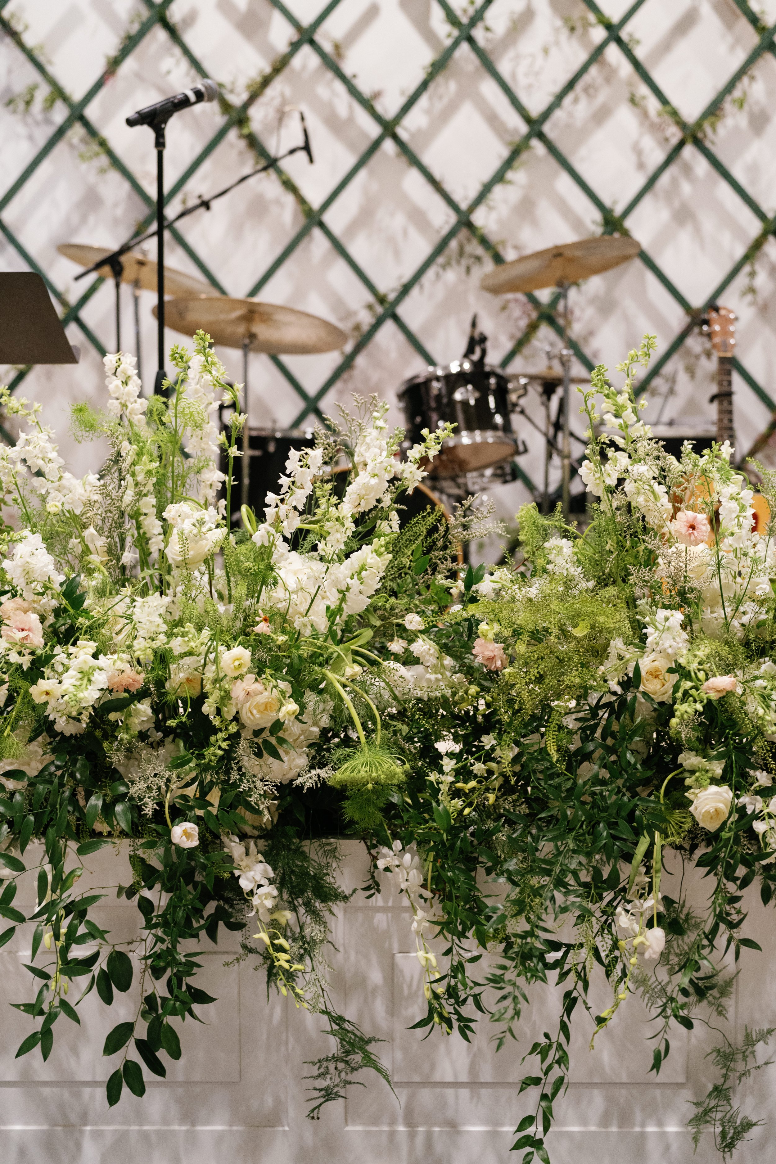 Floral display for band stage Palmetto Bluff wedding