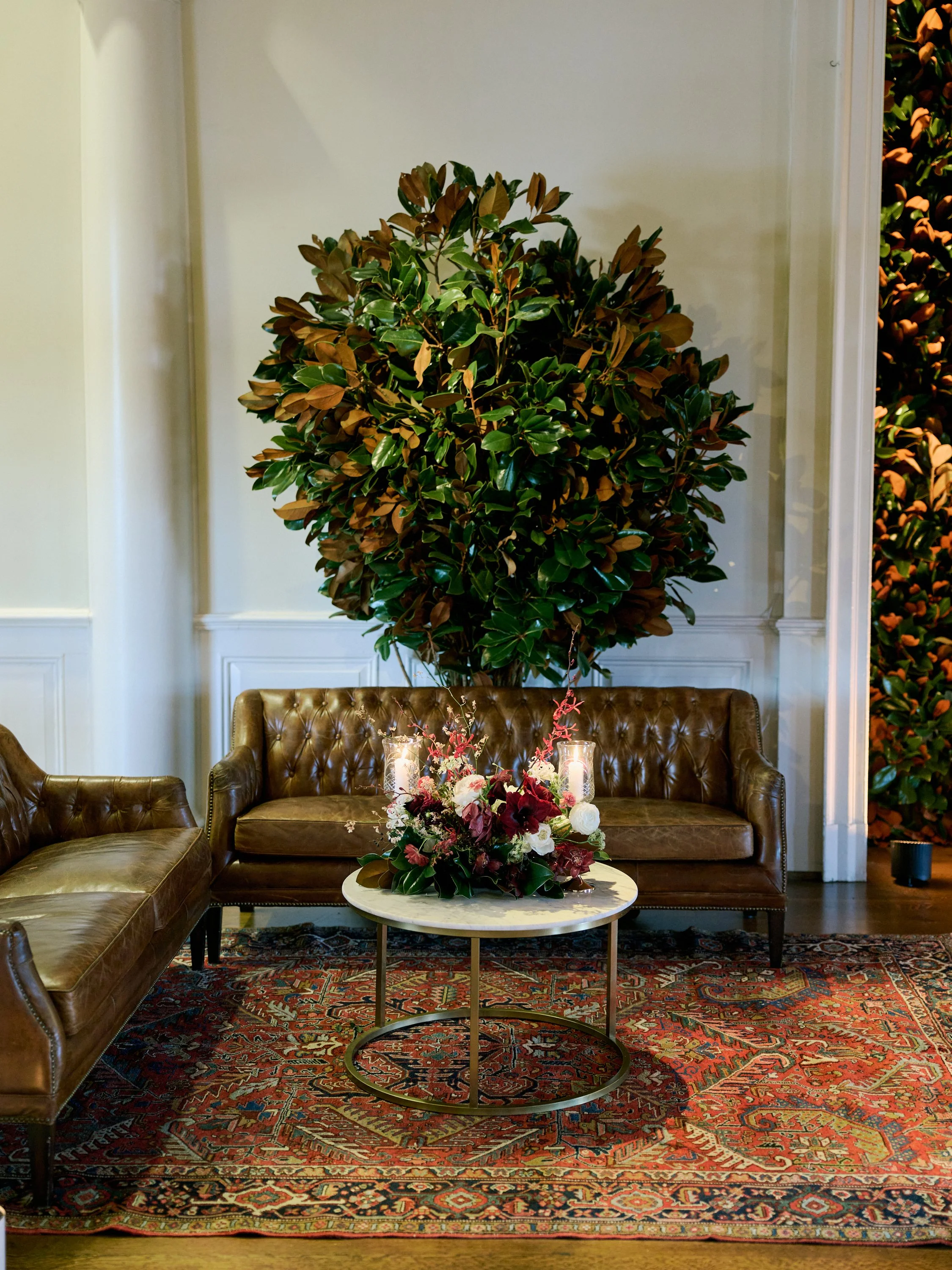 Memorable, show-stopping magnolia leaf display at an upscale Birmingham wedding