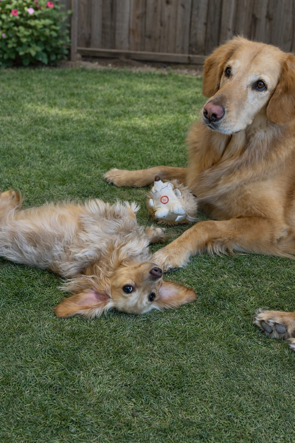 A golden retriever and a small dog lying on grass in a backyard, playing with a toy pig. The retriever is sitting and attentively watching, with a wooden fence and some bushes in the background.
