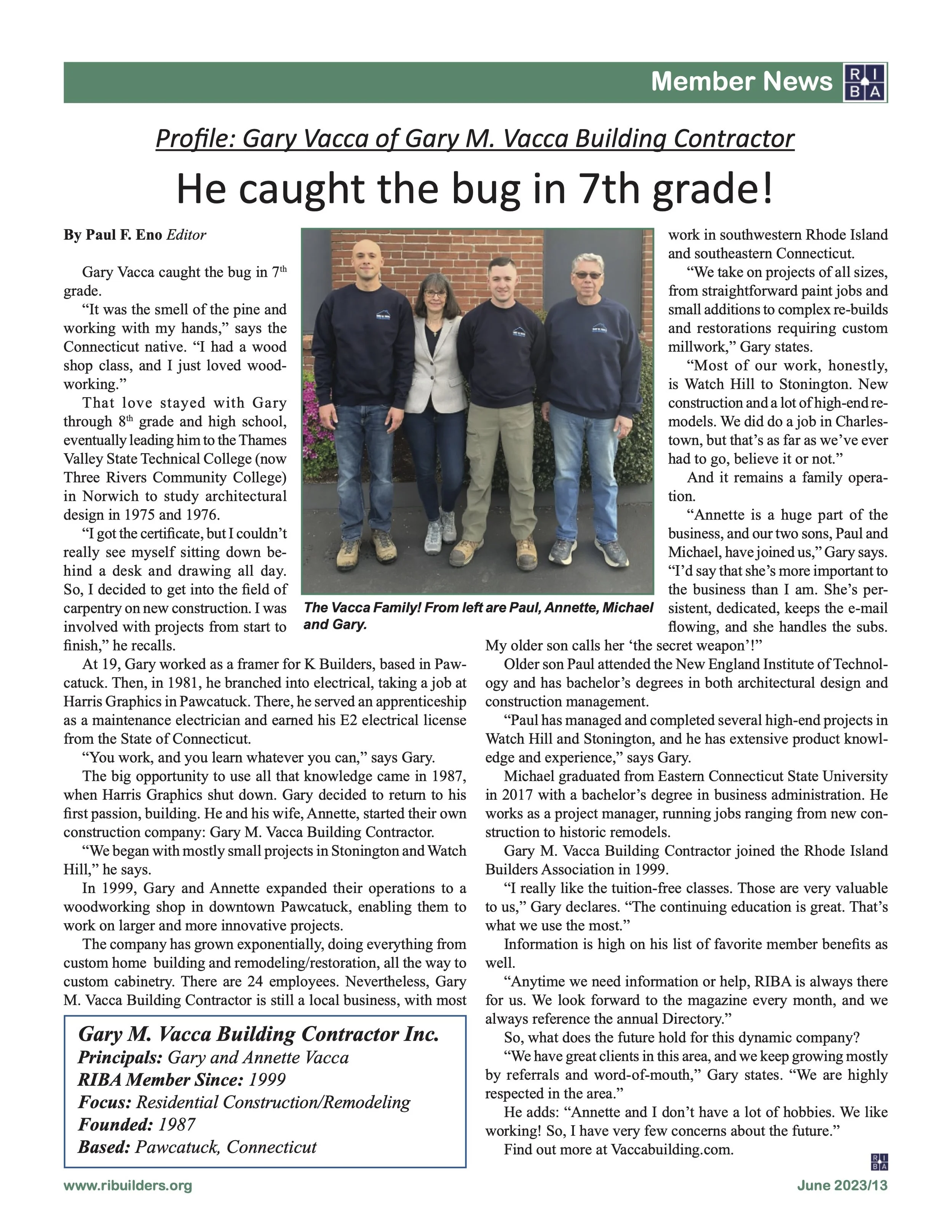 Newspaper article titled 'He caught the bug in 7th grade!' featuring a photo of Gary Vacca with family members, publihed in June 2023 by Ribuilders organization.