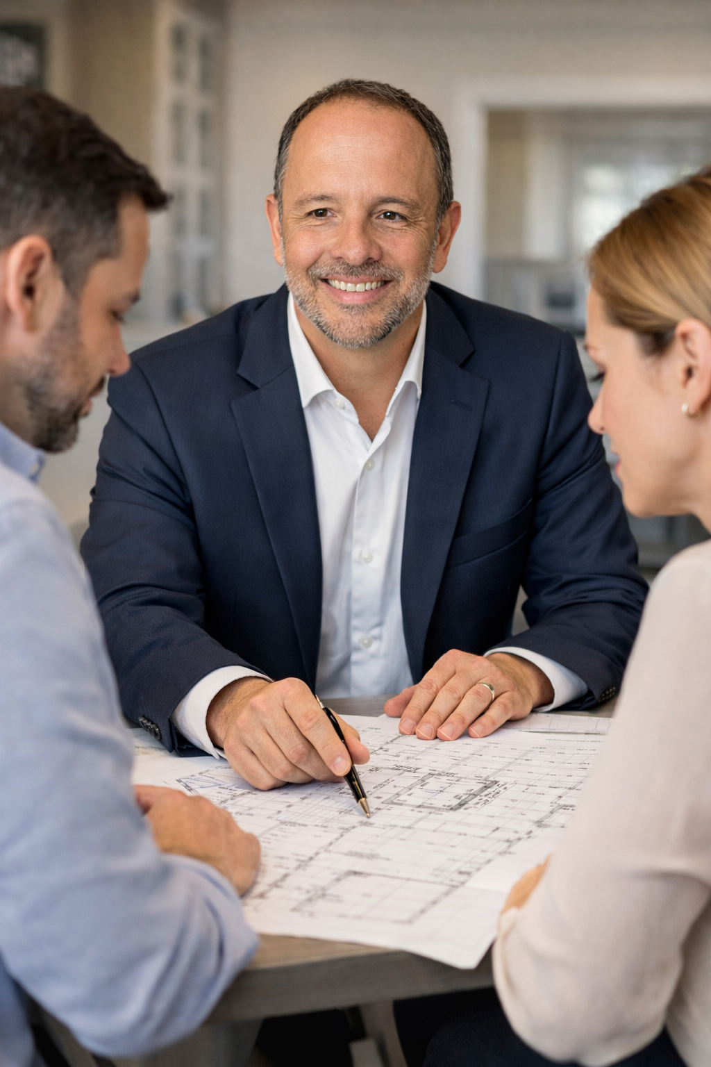 Rafael Pozas in a navy suit and white shirt sitting at a table with two other people, looking at ADU plans.