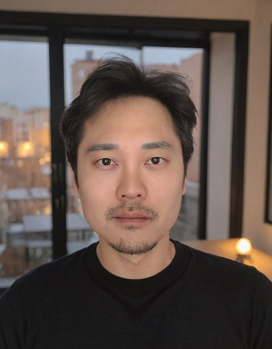 A man with short dark hair and a faint mustache and beard, wearing a black shirt, taking a selfie indoors with a large window behind him showing a cityscape at dusk.