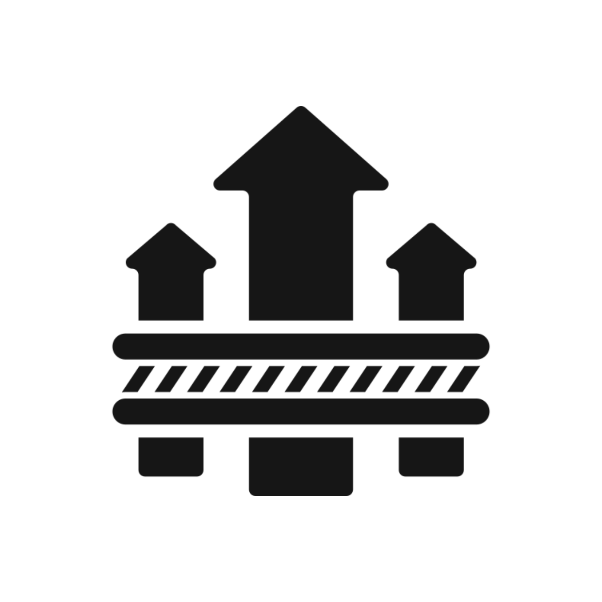 Black icon of three upward arrows on a bar graph with a horizontal line below, representing growth or progress.