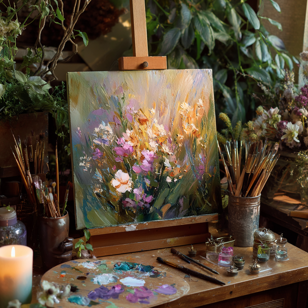 A floral painting in progress on an easel, surrounded by paintbrushes, paint jars, and a palette with mixed colors, set in a lush, green artist's studio or garden.
