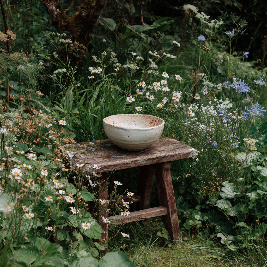 A rustic wooden stool with a ceramic bowl on top, surrounded by lush greenery and blooming wildflowers in a garden setting.