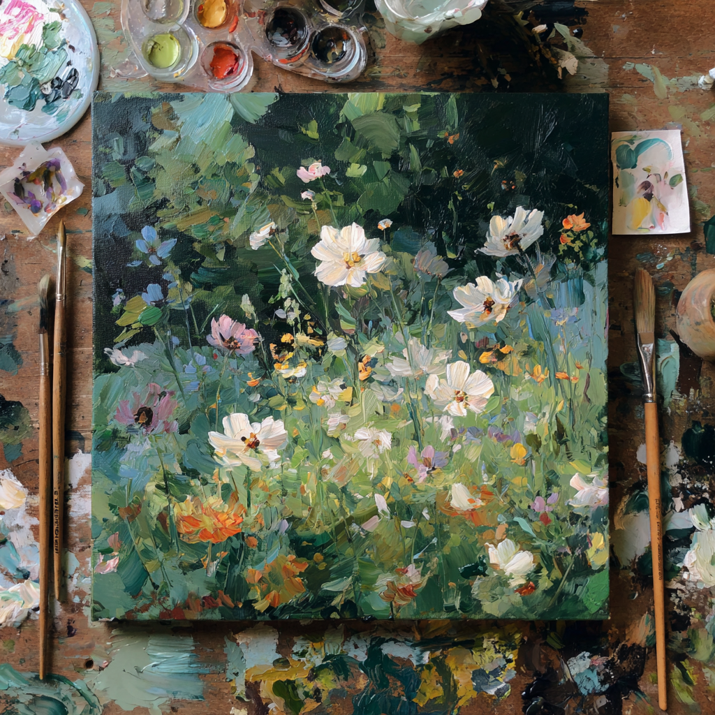 Oil painting of a garden with various flowers including white, pink, purple, and orange blossoms, set against green foliage. The painting is on a wooden table surrounded by paint supplies and brushes.