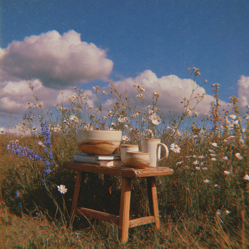 Ceramic bowls and mugs on a wooden stool in a field of wildflowers with a blue sky and clouds in the background.