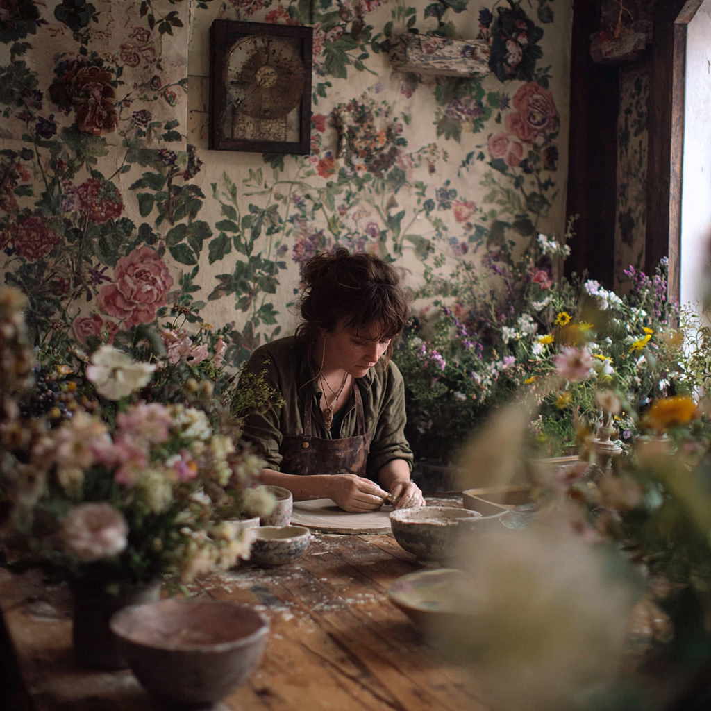 A woman sits at a wooden table in a floral room, shaping pottery with her hands amidst blooming flowers and ceramic bowls.