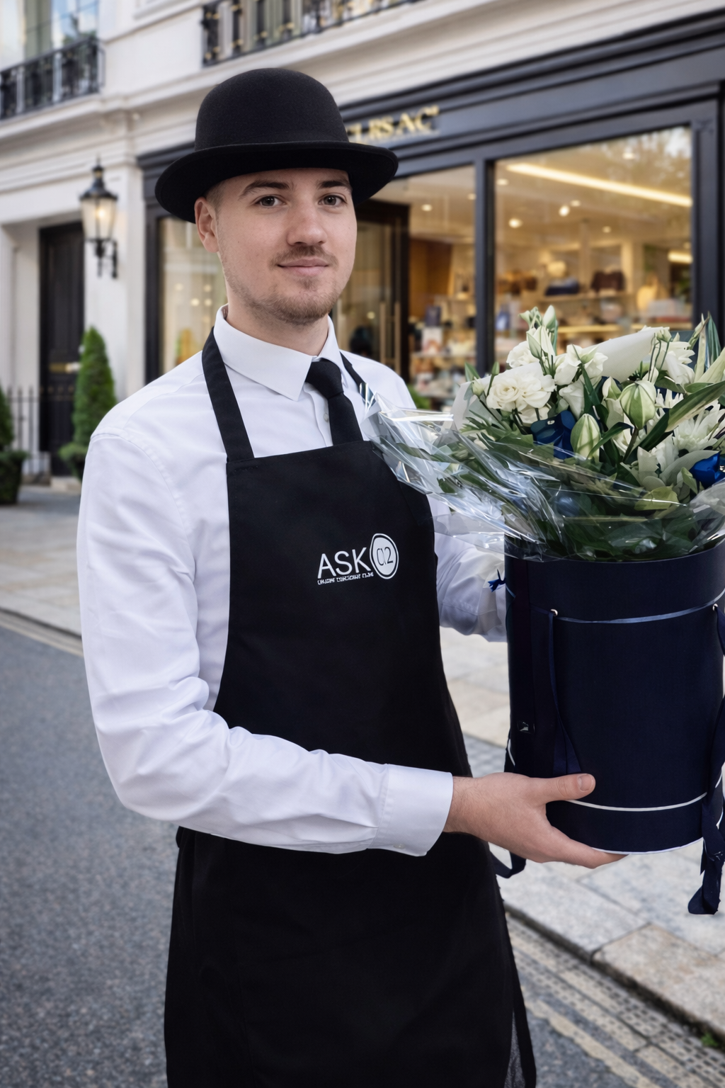 A young delivery man wearing a black bowler hat, white shirt, and black apron holding a bouquet of white and blue flowers outside a storefront.