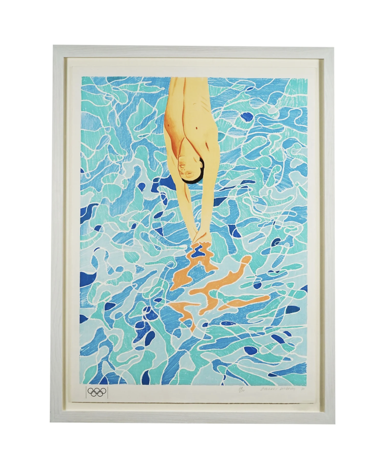 A painting of a woman swimming underwater, stretching with arms extended downward, surrounded by blue and aqua water ripples.