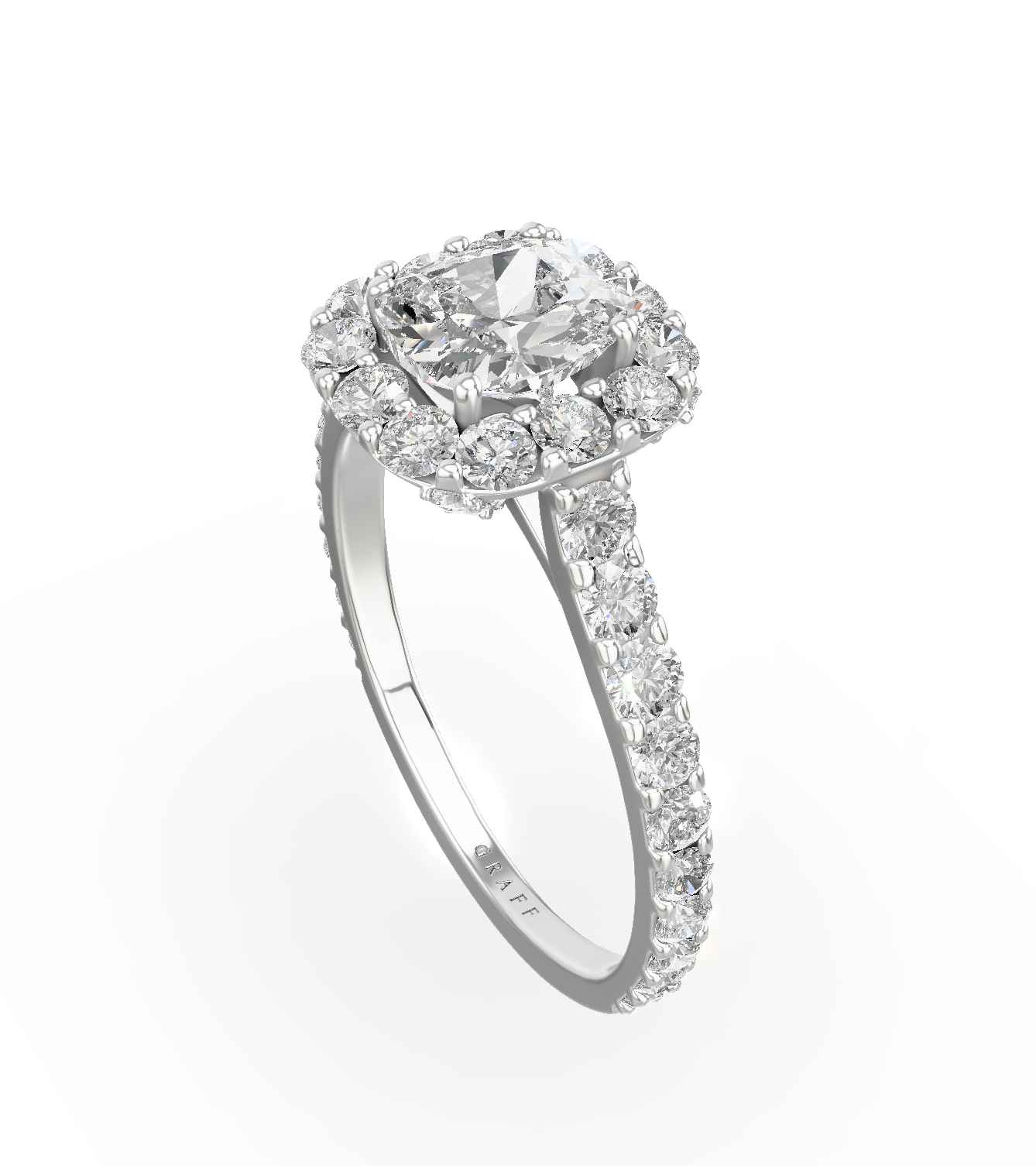A silver engagement ring with a central round diamond surrounded by a halo of smaller diamonds and additional diamonds along the band.