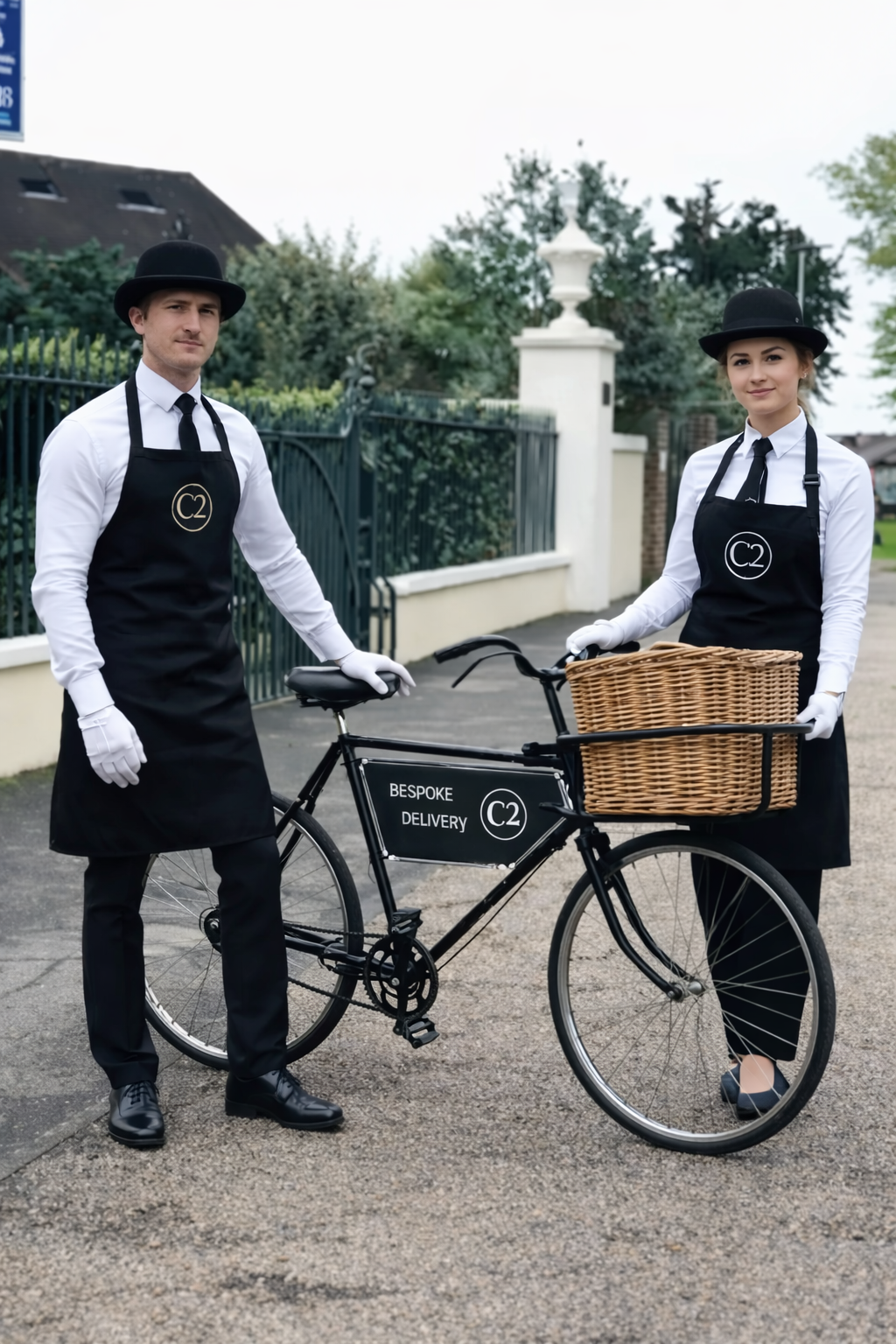 A man and woman dressed as delivery couriers standing outdoors with a bicycle equipped with a large wicker basket. They are wearing black aprons and bowler hats, white shirts, black ties, and white gloves. The bicycle has a sign reading 'Bespoke Deli