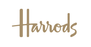 Harrods logo in beige on a white background