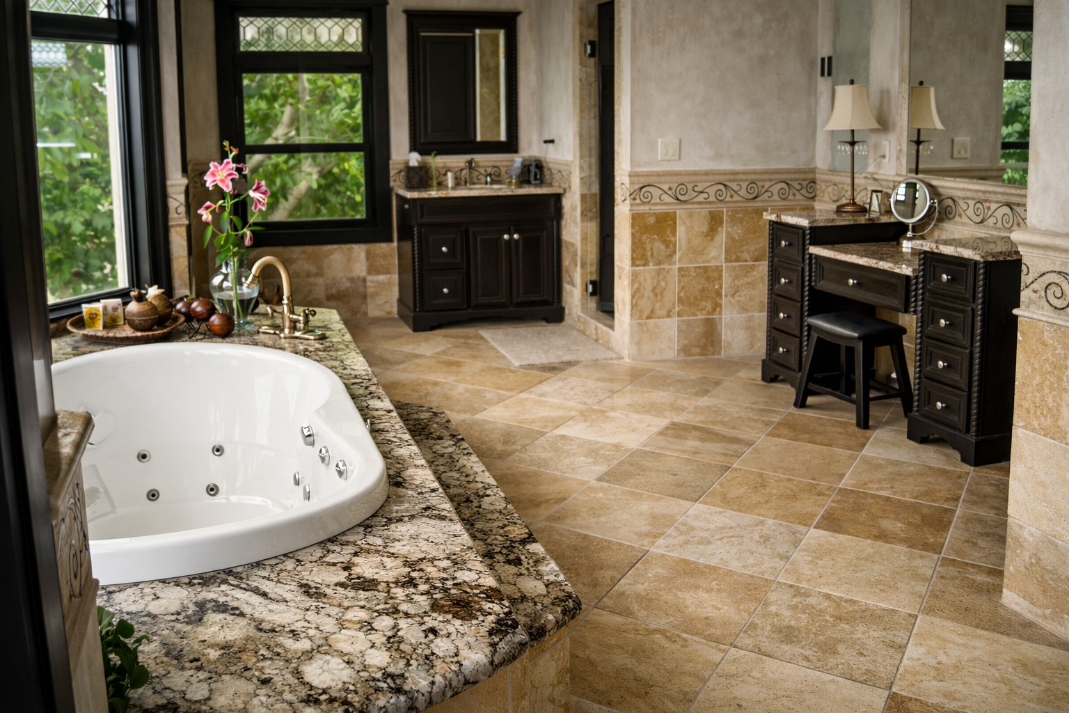 Bathroom with a large whirlpool bathtub, surrounded by beige and brown granite countertop, next to a window with greenery outside. There are black cabinets, a granite vanity with a mirror, and a black vanity table with a stool, mirror, and lamp. Decor includes flowers, candles, and a tray of toiletries.