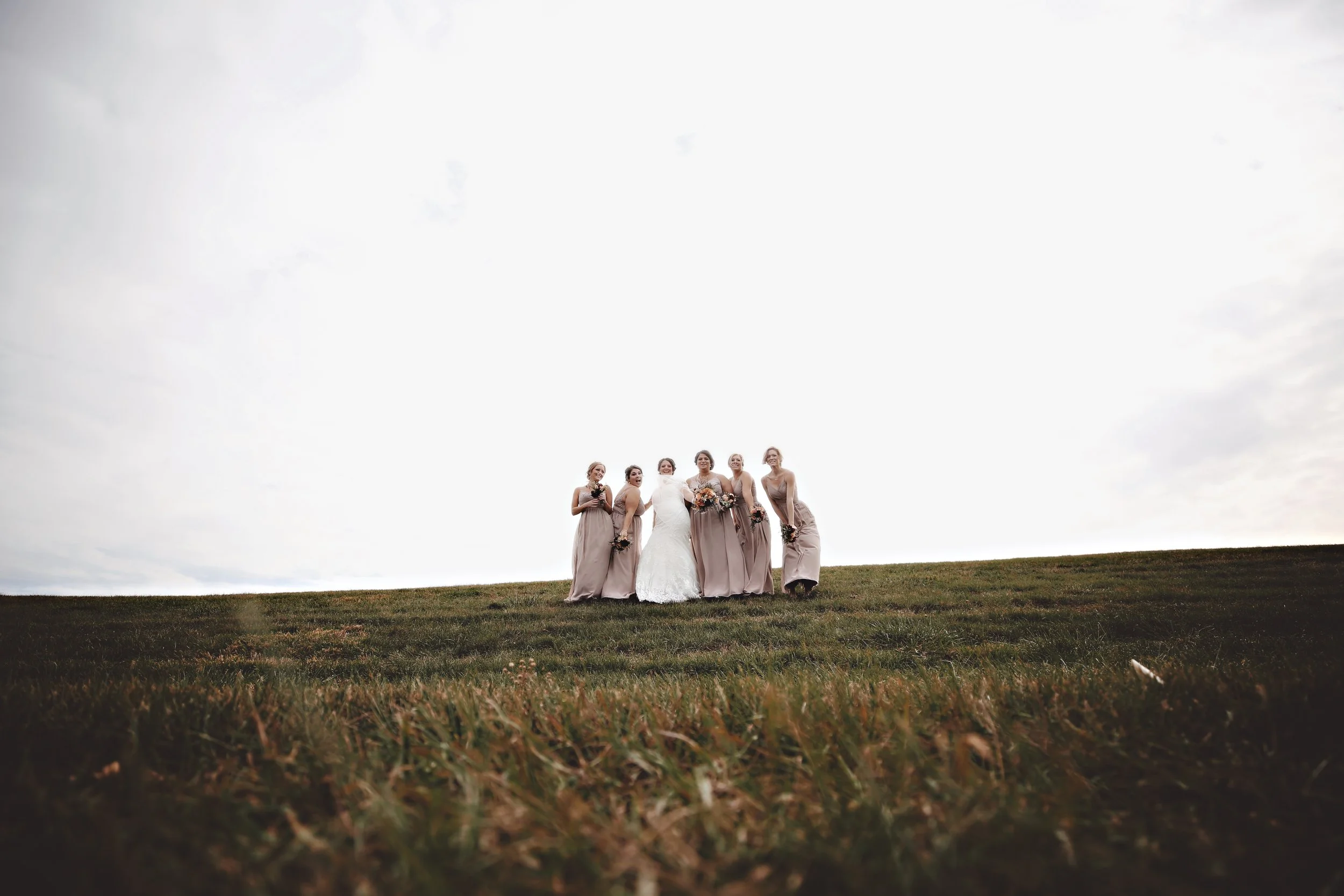 A bride in a white wedding dress standing with five bridesmaids in matching taupe dresses holding flowers, outdoors on a grassy hill under a cloudy sky.