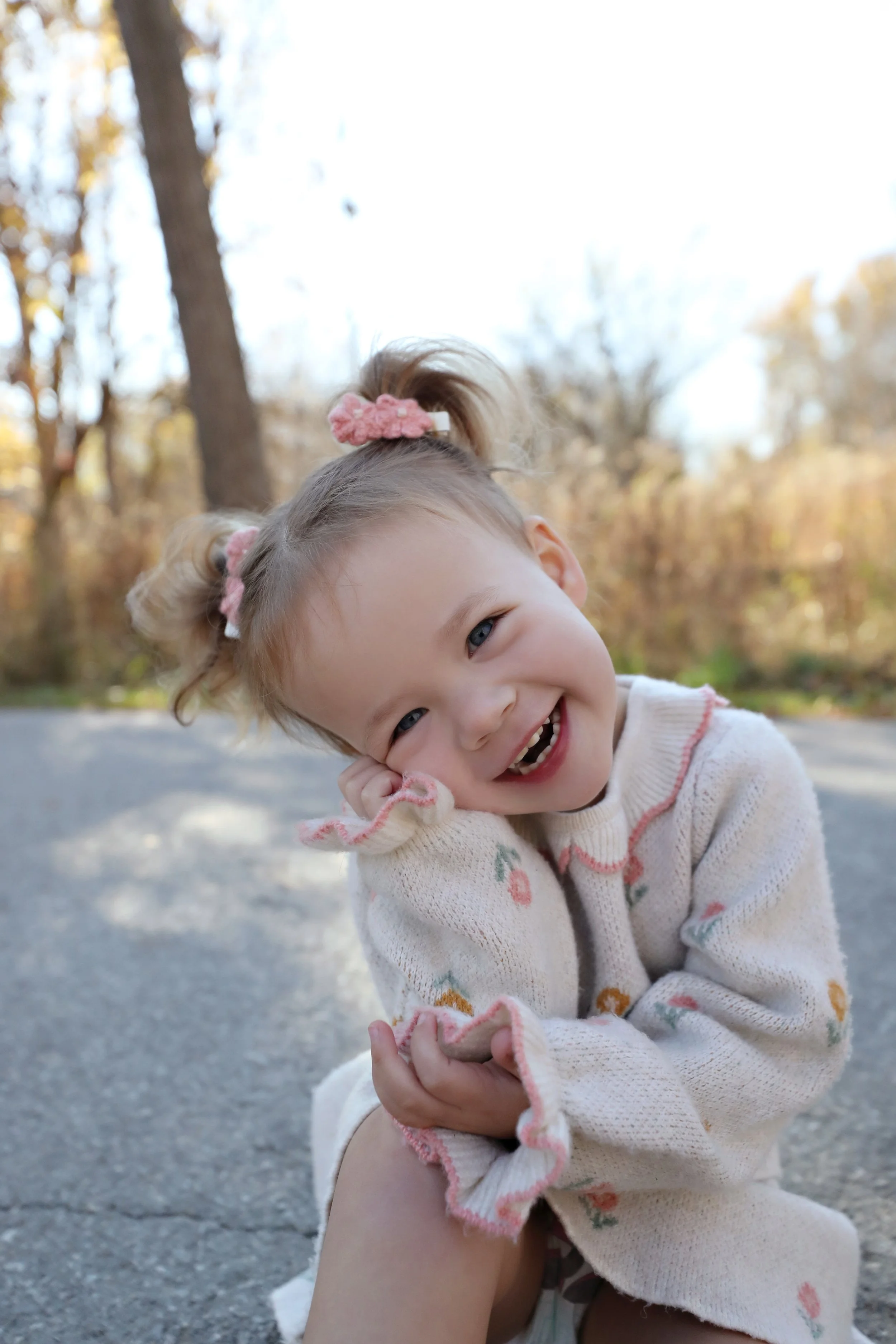 A young girl with blonde hair tied in pigtails, wearing a cream-colored sweater with floral embroidery, smiling cheerfully outdoors in a park or wooded area with autumn foliage.