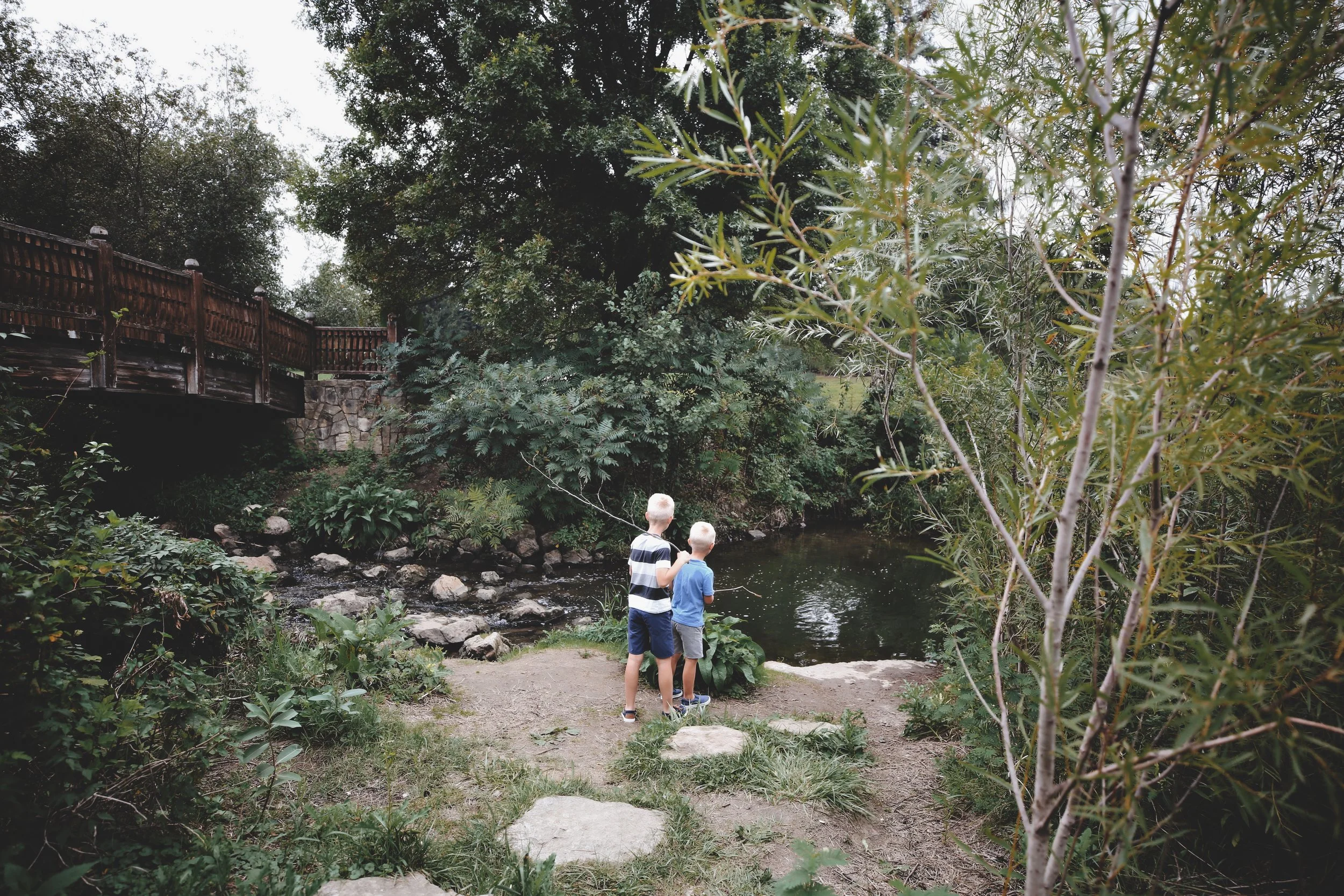 Two boys with blonde hair fishing in a pond surrounded by lush green trees, bushes, and rocks, with a wooden bridge to the left.