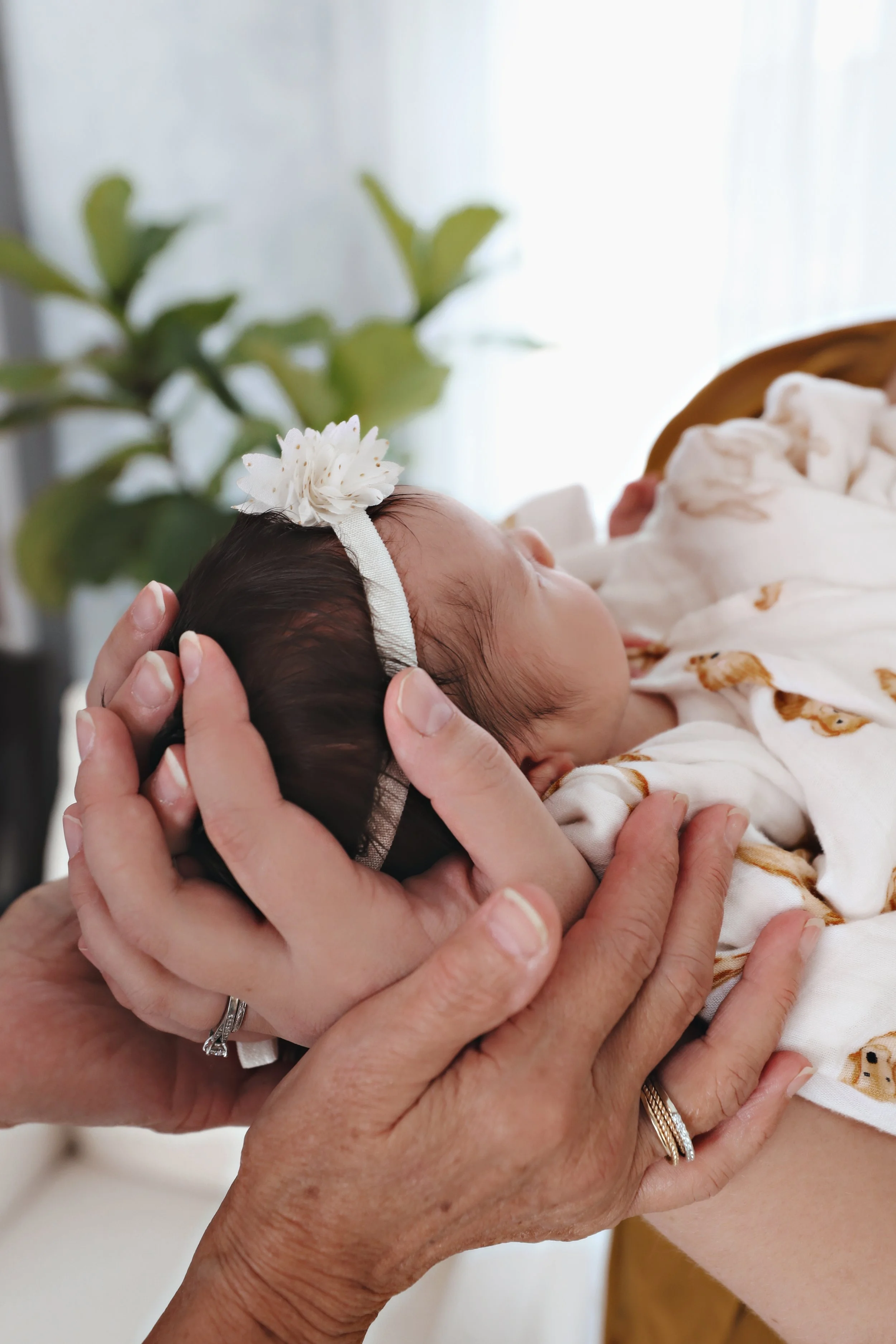 A newborn baby being held gently by an adult, resting peacefully with a floral headband.