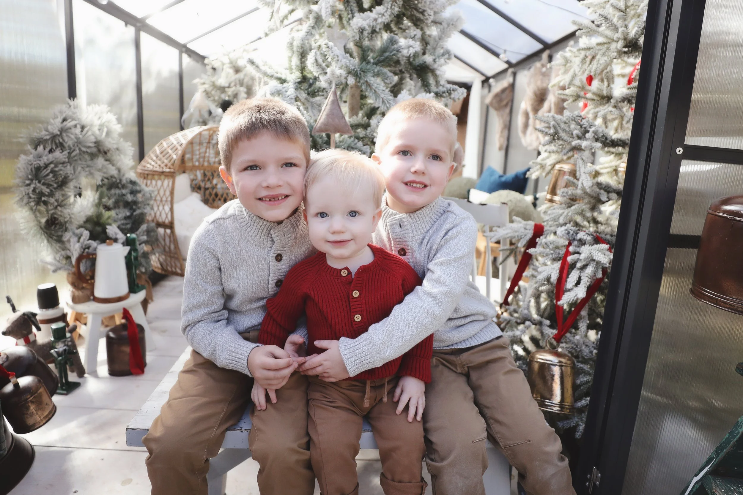 Three young boys sitting together indoors, surrounded by Christmas decorations including snow-covered trees, ornaments, and festive decor.